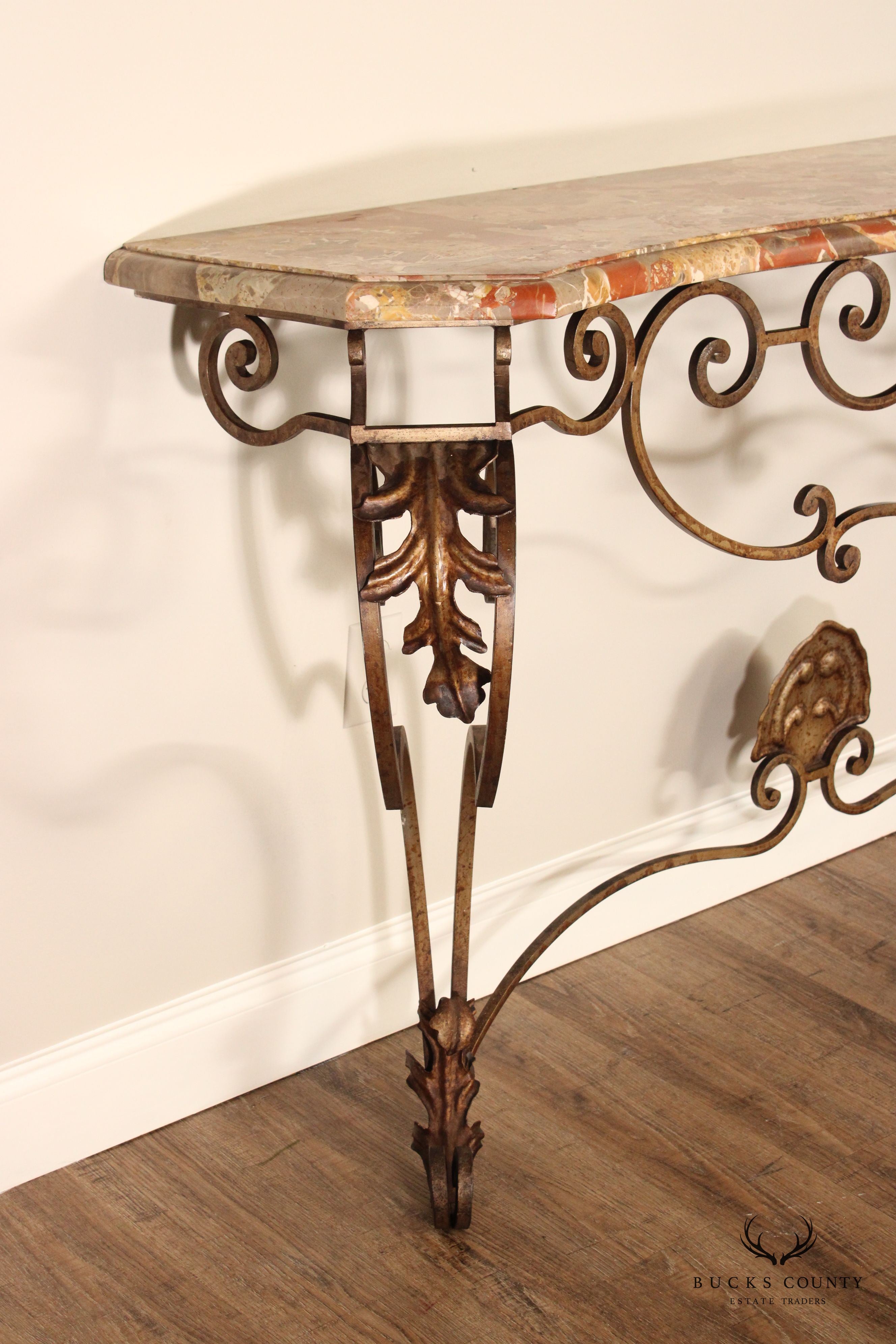 Rococo Style Custom Wrought Iron Marble Top Console Table