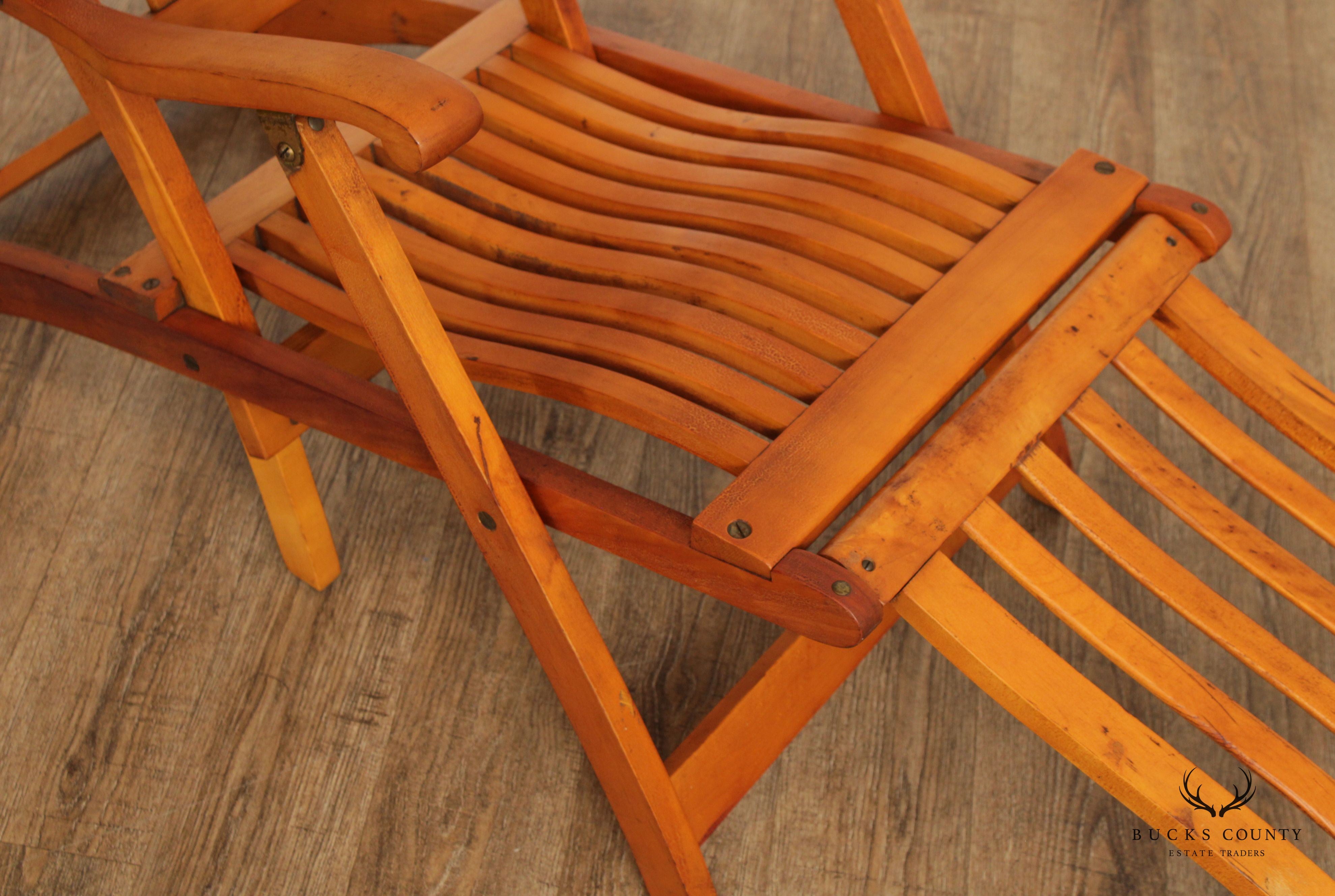 Antique Campaign Style Pair of Maple and Brass Folding Cruise Ship Steamer Lounge Chairs