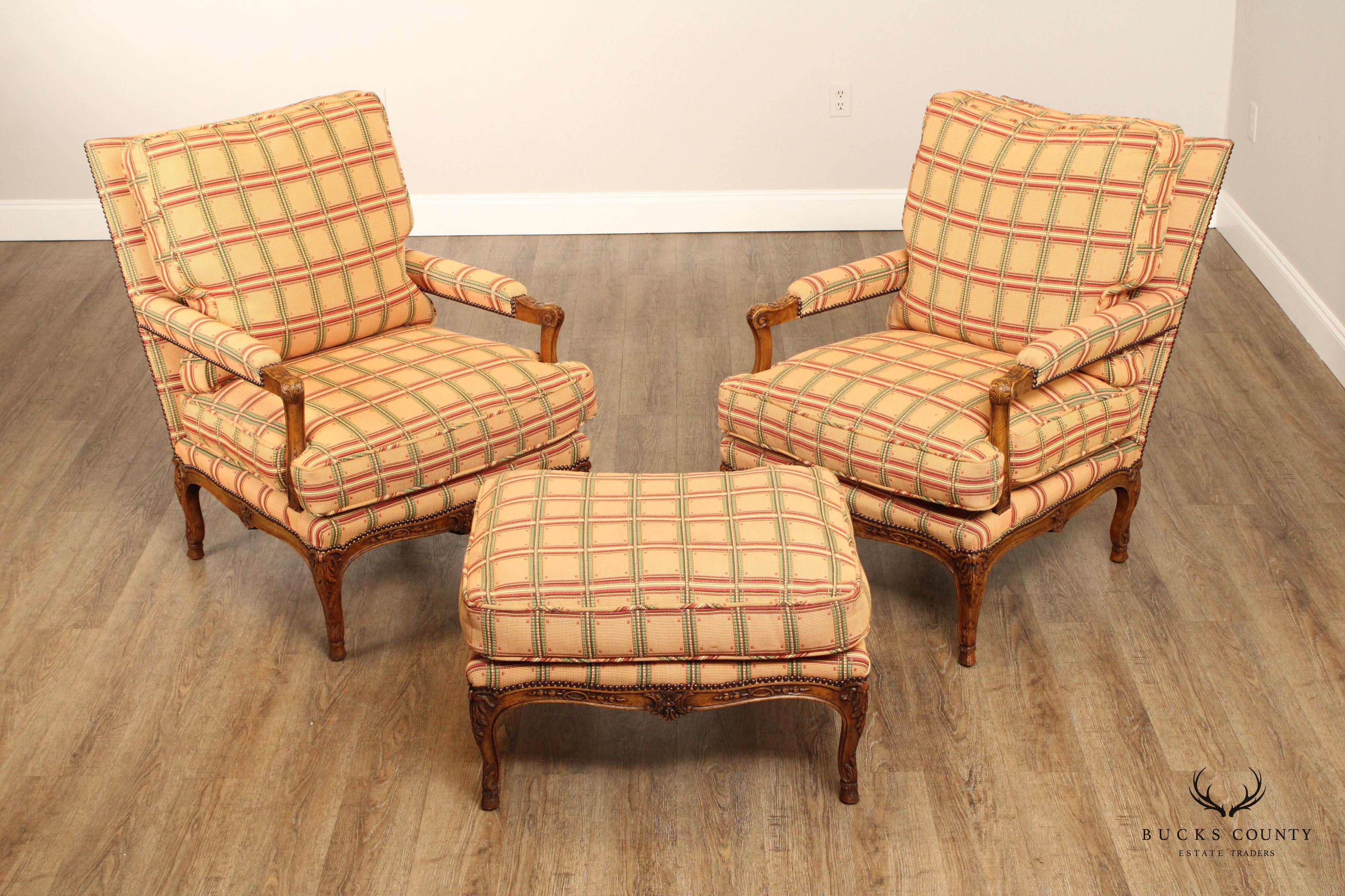 Don Ruseau French Louis XV Pair of Carved Walnut Bergeres and Matching Ottoman