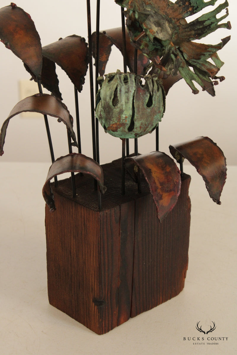 Phil Rowe Modern Brutalist Floral Copper and Wood Sculpture