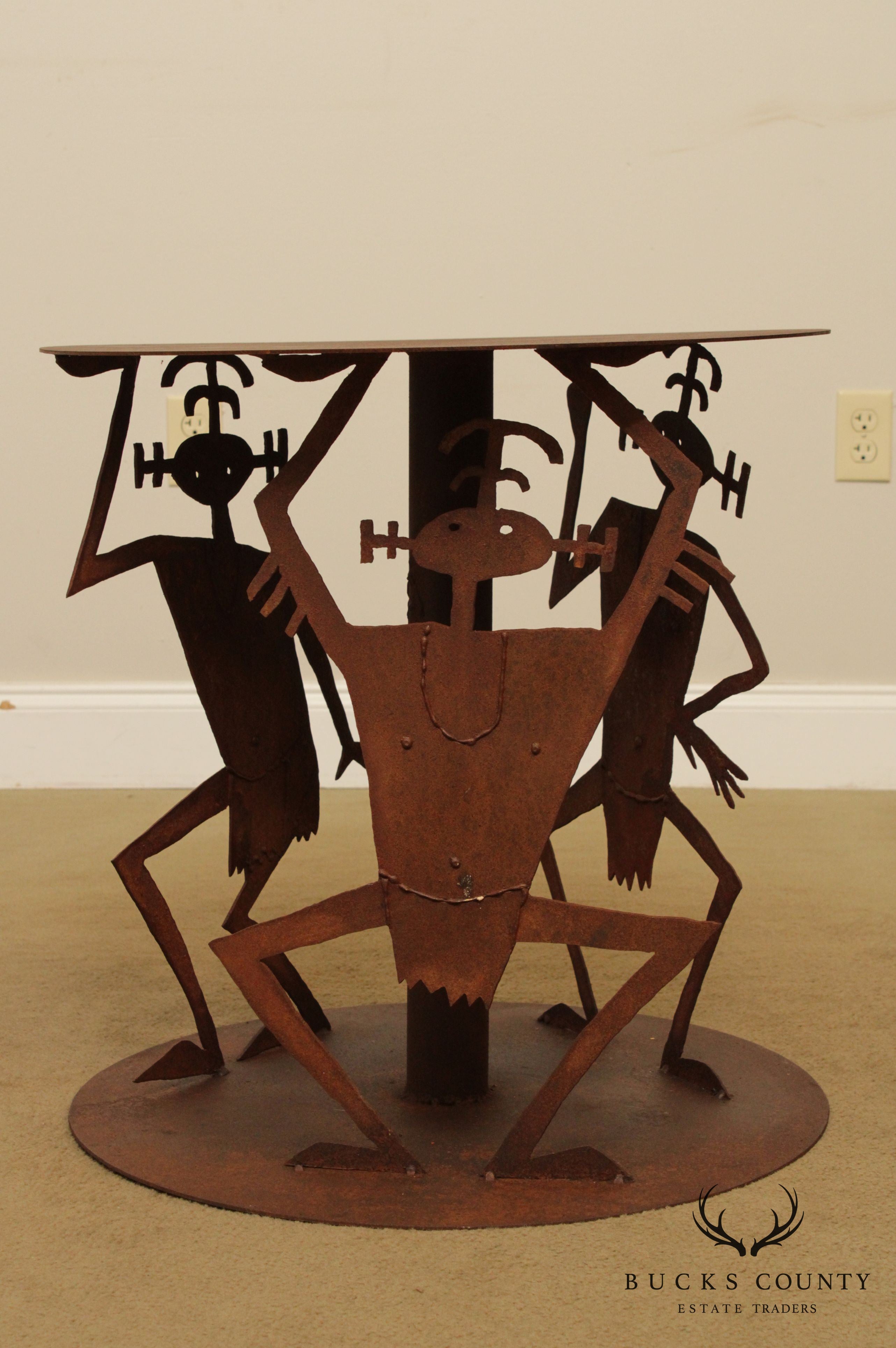 Studio Crafted Rusted Steel Round Garden Table, Dancing Figures