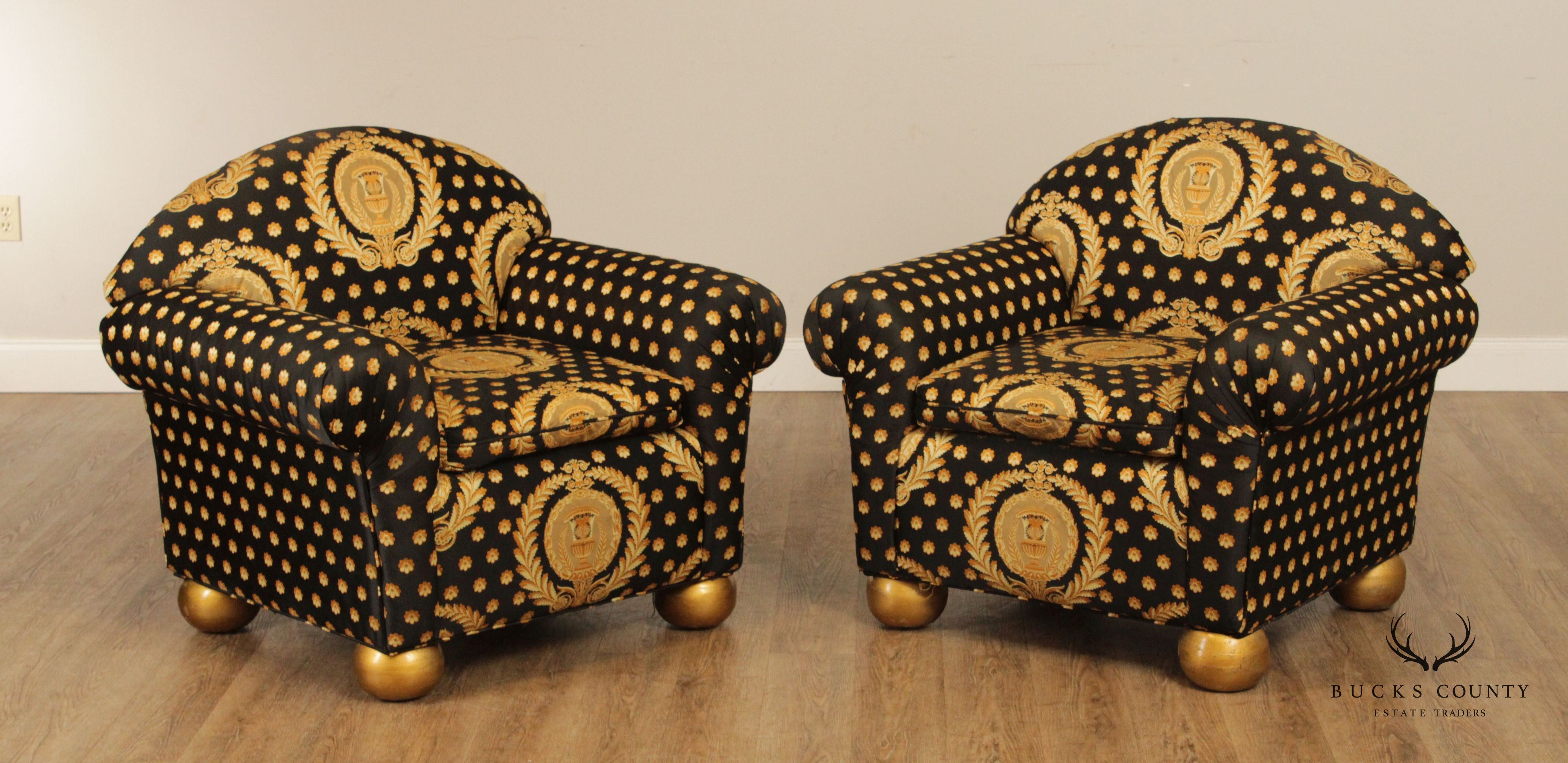 Pair of Custom Black and Gold Upholstered Club Chairs