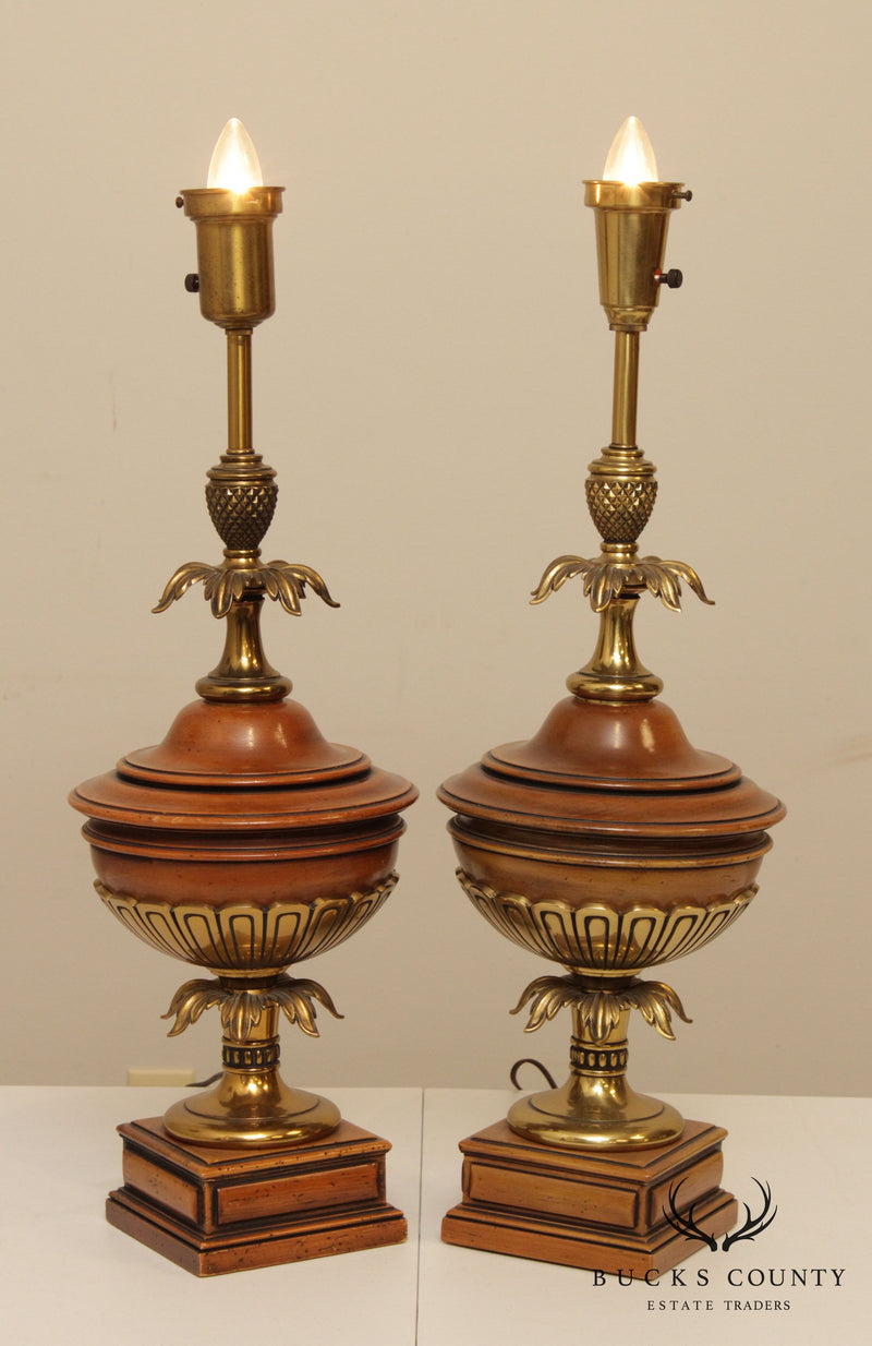 Stiffel Vintage Pair Wood & Brass Urn Form Table Lamps