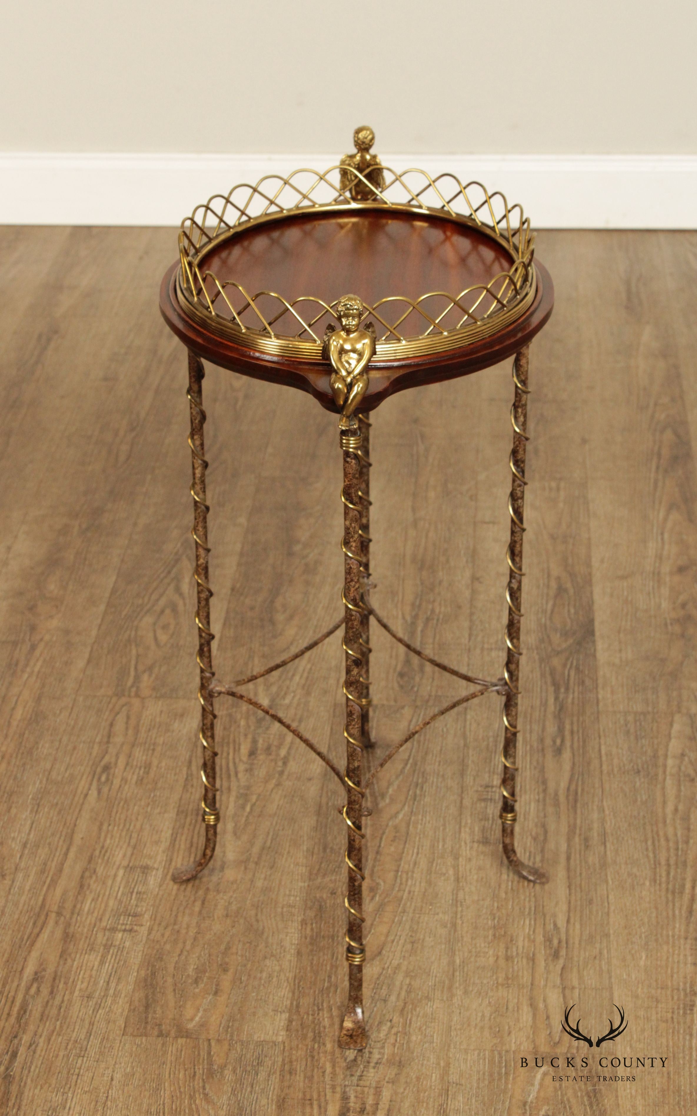 LaBarge Regency Style Mahogany and Brass Cherub Oval Plant Stand