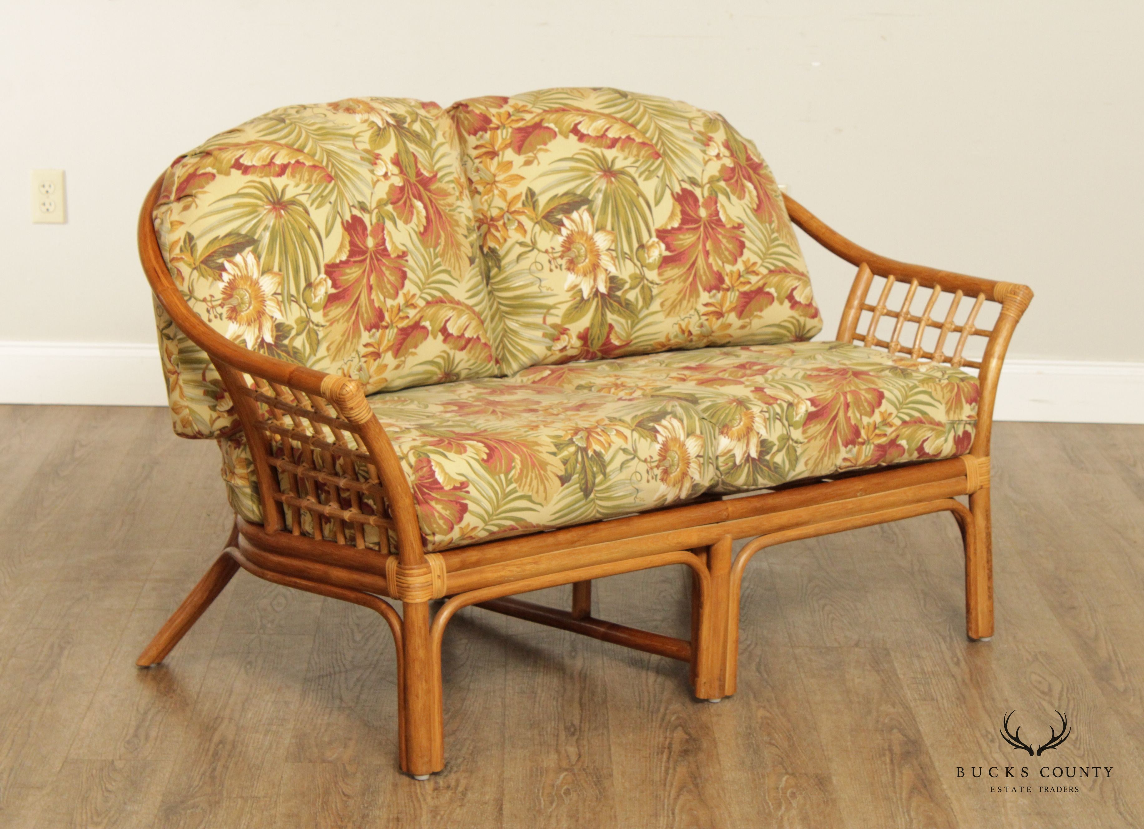 Mid Century Pair Bentwood Rattan Loveseats with Custom Cushions