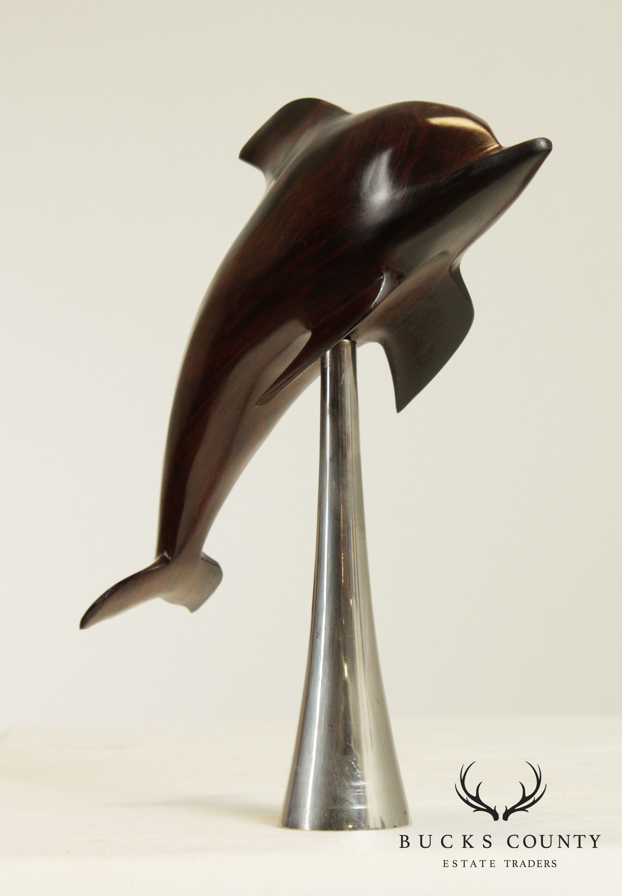 Mid Century Modern Carved Rosewood Dolphin Sculpture on Chrome Base