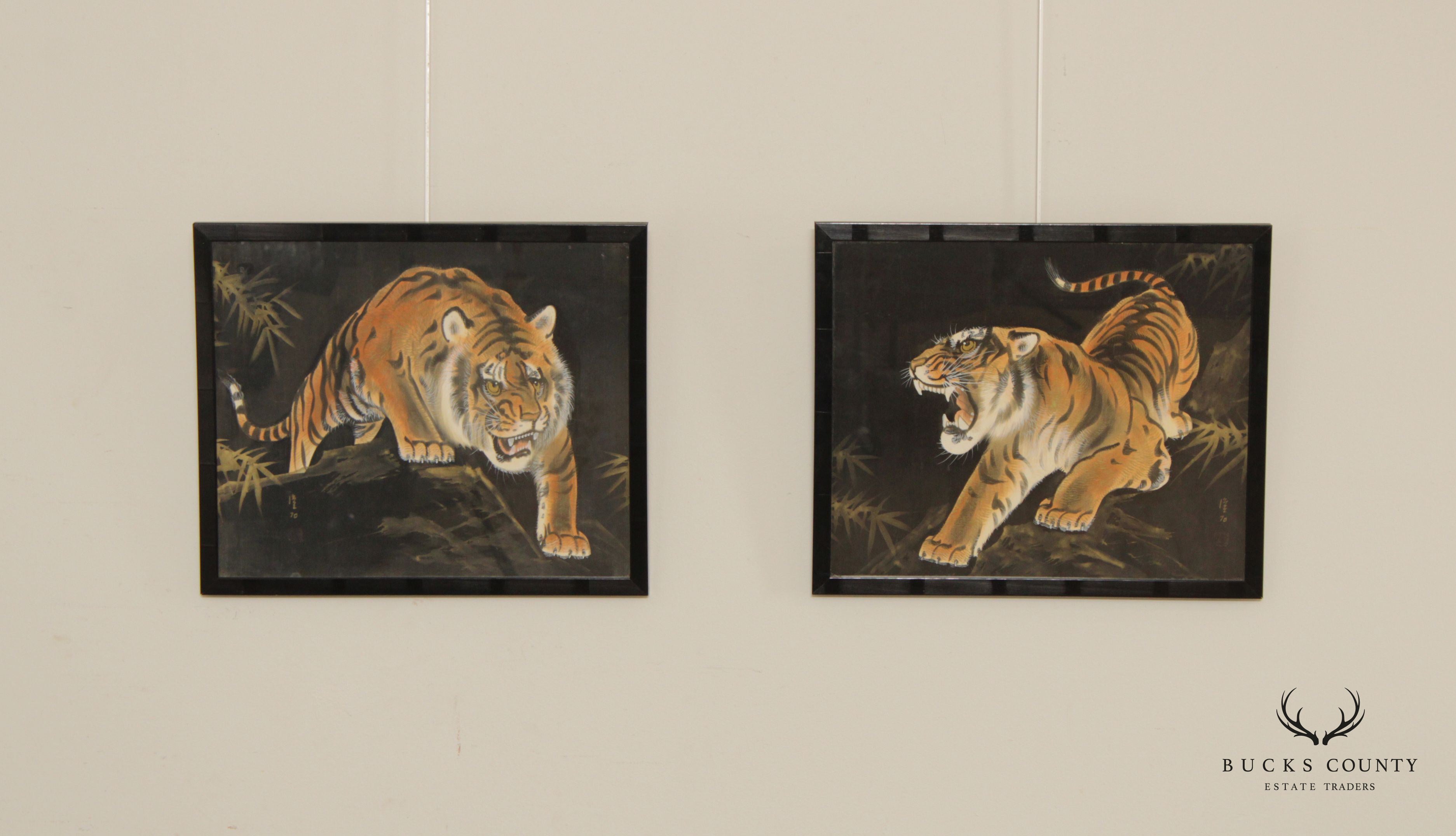 Vintage Chinese Pair of Crouching Tiger Silk Paintings