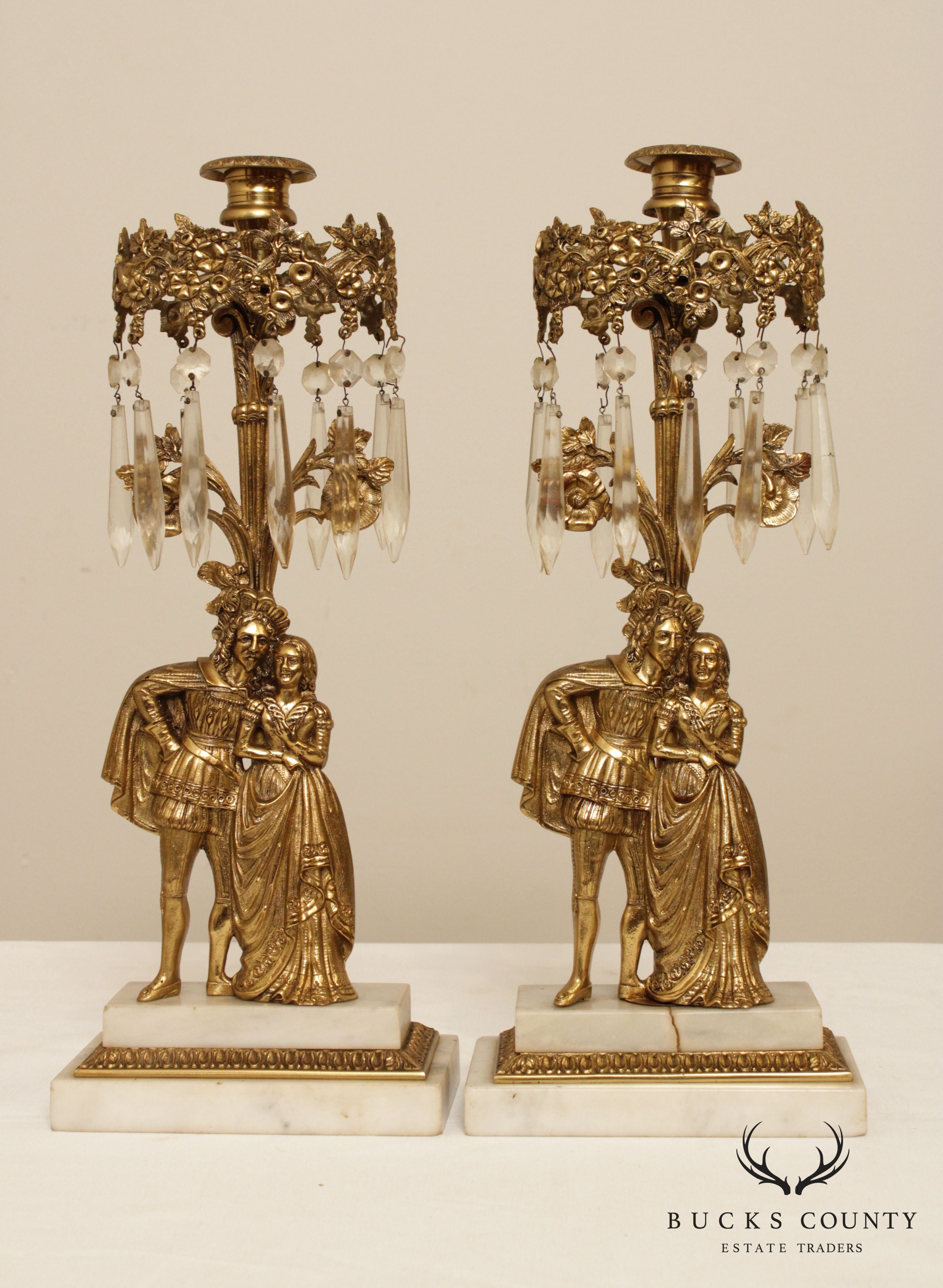 Antique Victorian Brass Marble Base 3 Piece Girandole Candelabra