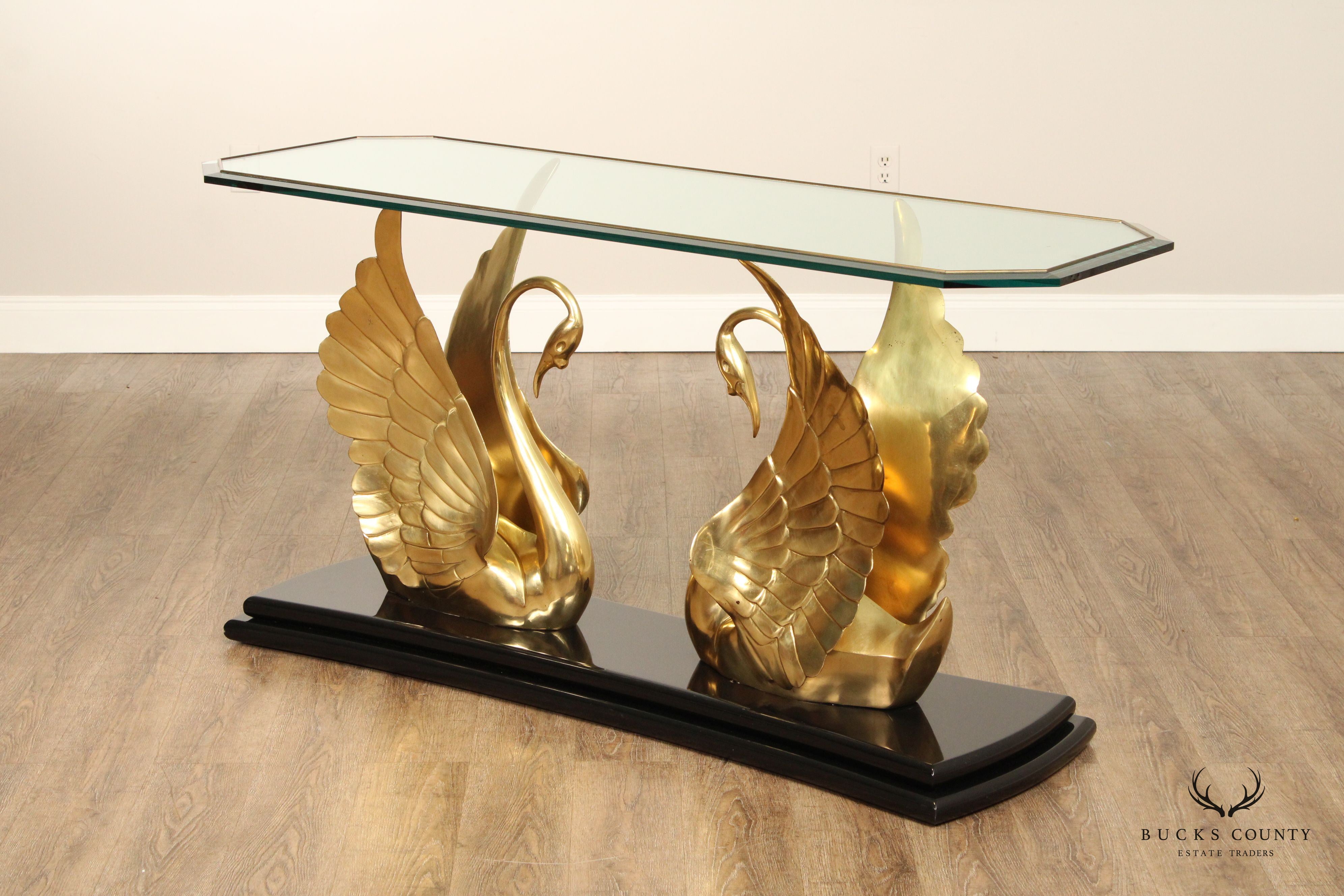 Quality Italian Brass Swan Glass Top Console Table