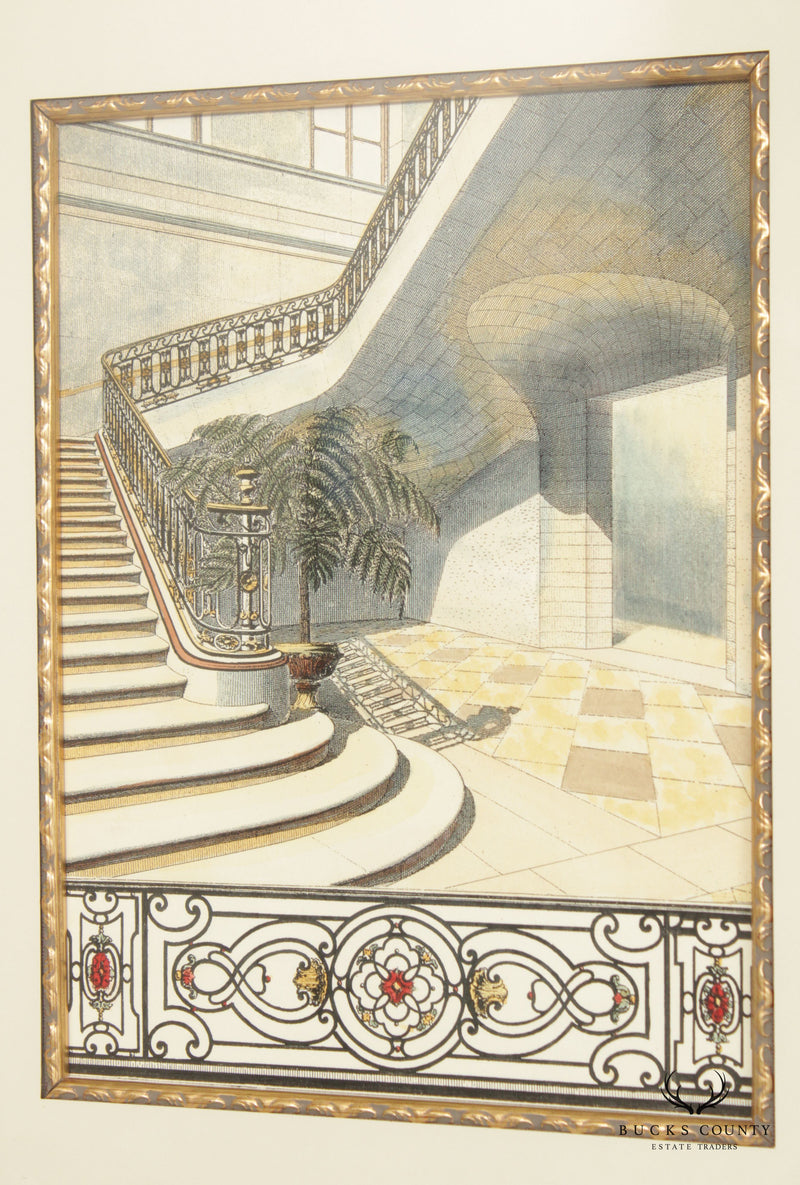 Art Nouveau Style Pair Architectural Staircase Prints, Custom Framed