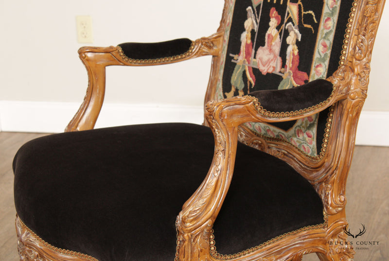 Michael Thomas French Louis XV Style Carved Frame Needlepoint Arm Chair