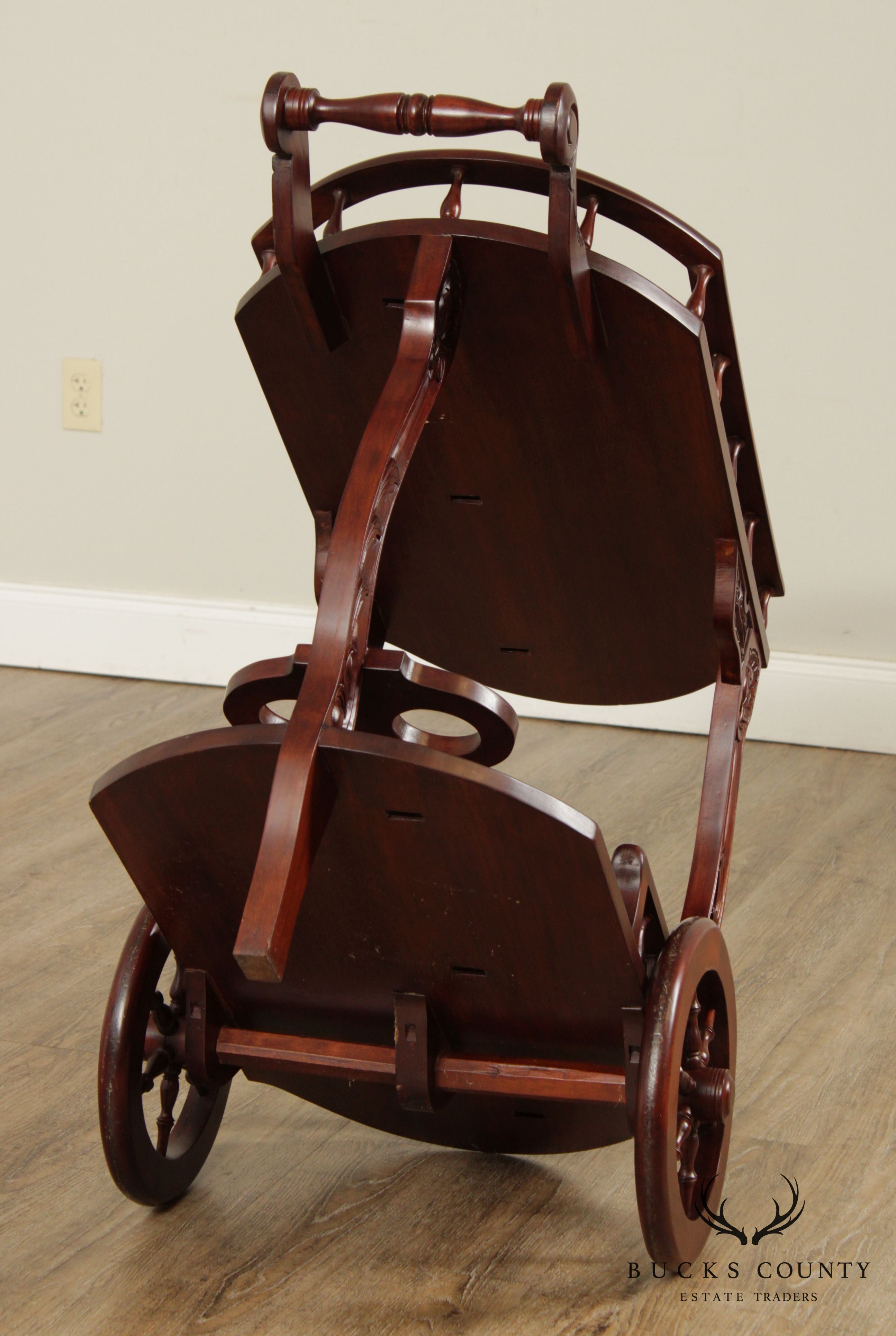 Vintage Solid Mahogany Wood Carved Tea Cart