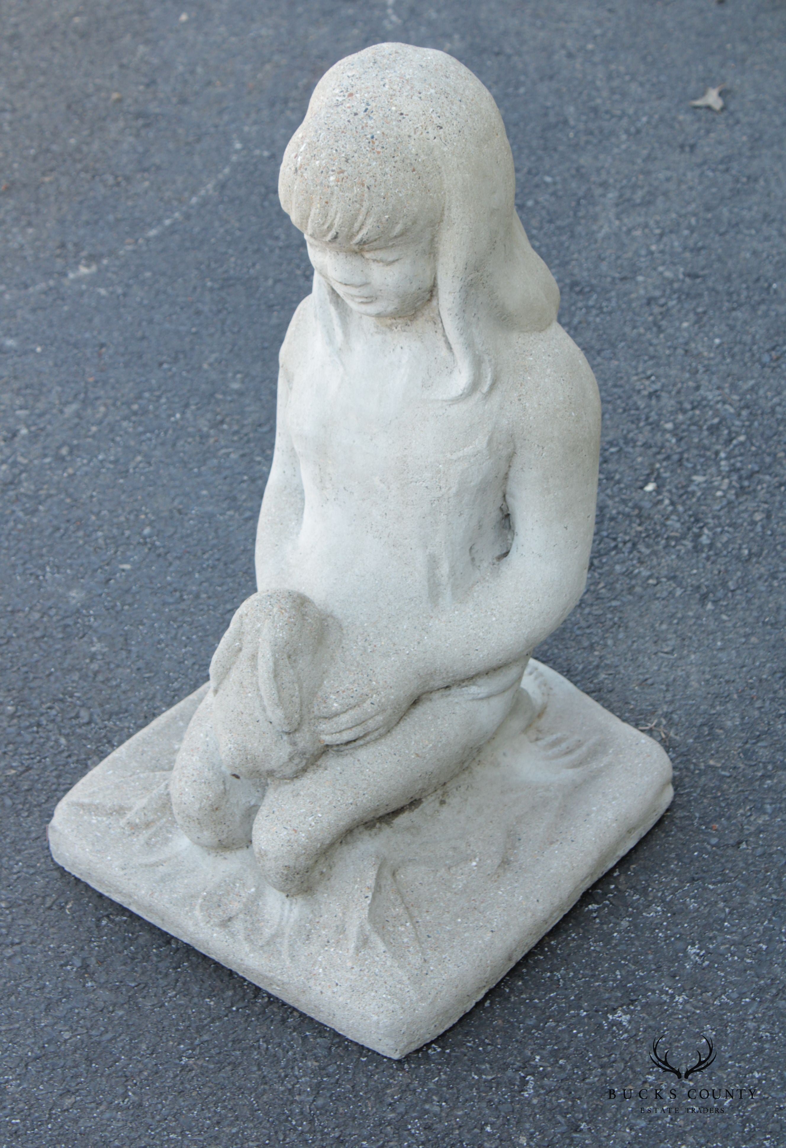 Vintage Cast Stone Child Holding Bunny Garden Sculpture