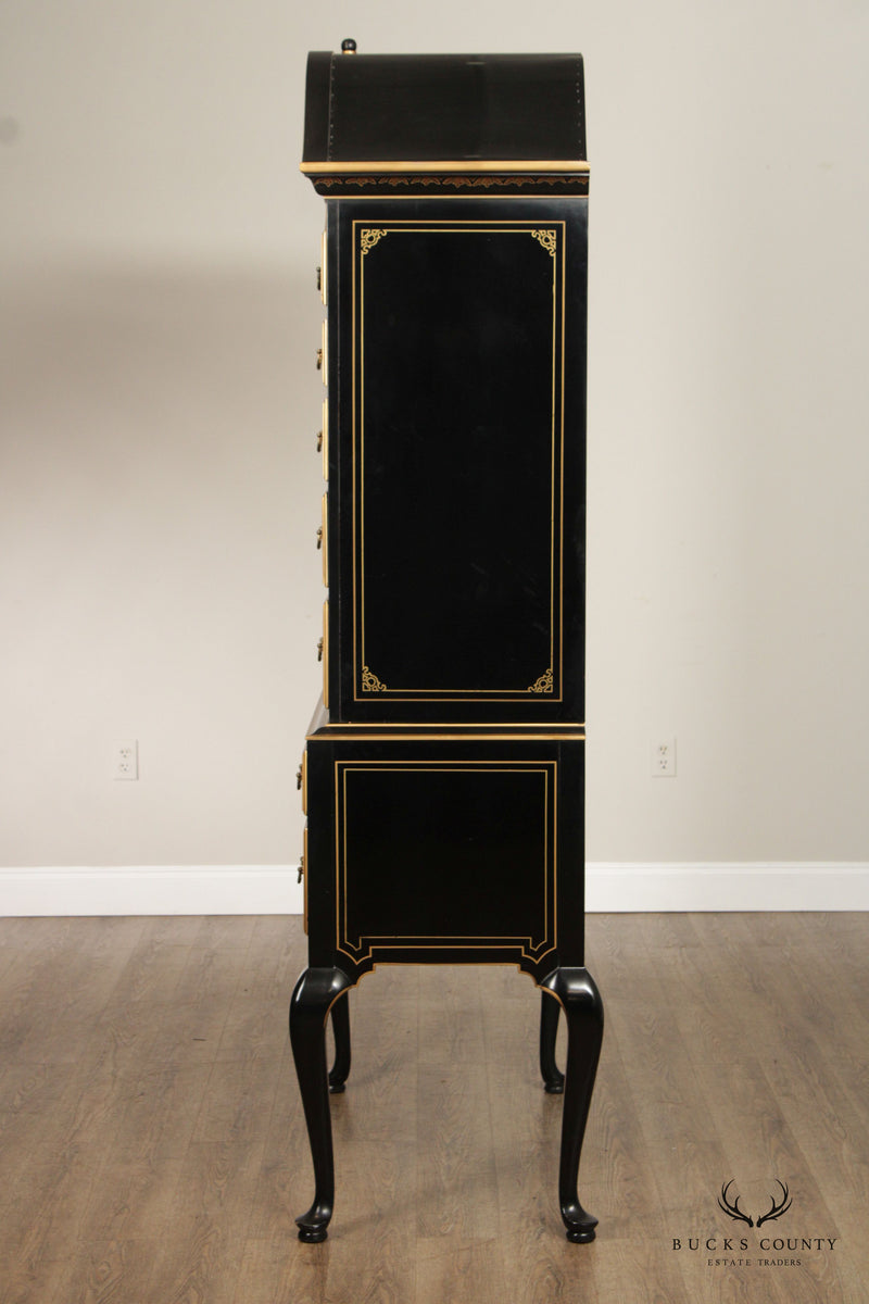 Drexel Heritage Black Lacquered Chinoiserie Paint Decorated Highboy