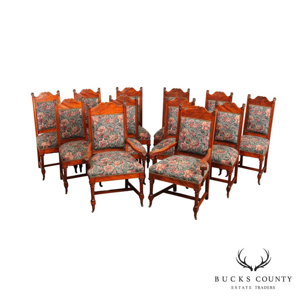 Antique Victorian Renaissance Revival Set of Twelve Mahogany Dining Chairs