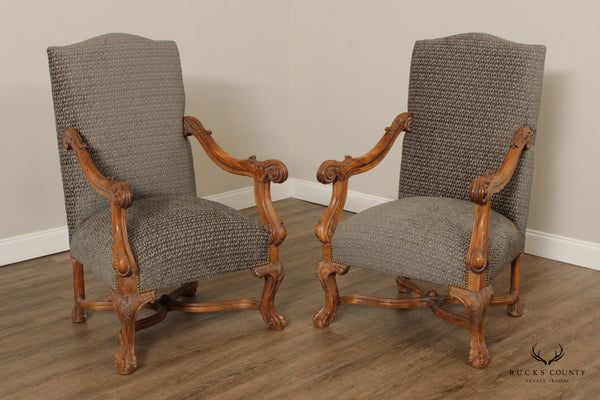 French Renaissance Revival  Style Quality Pair of Carved And Upholstered  Armchairs