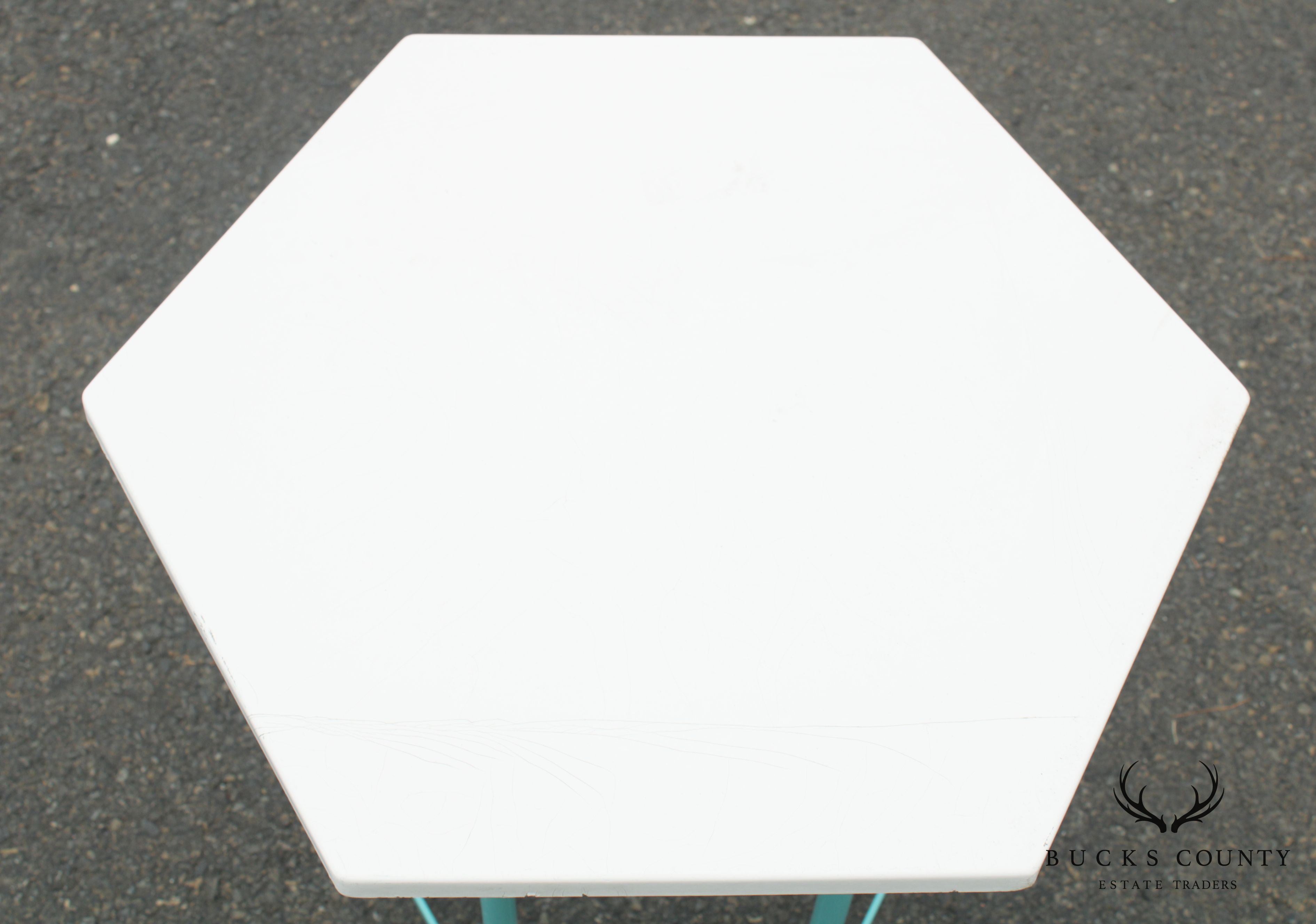 Mid Century Modern Teal Painted Base Hexagon Top Patio Side Table