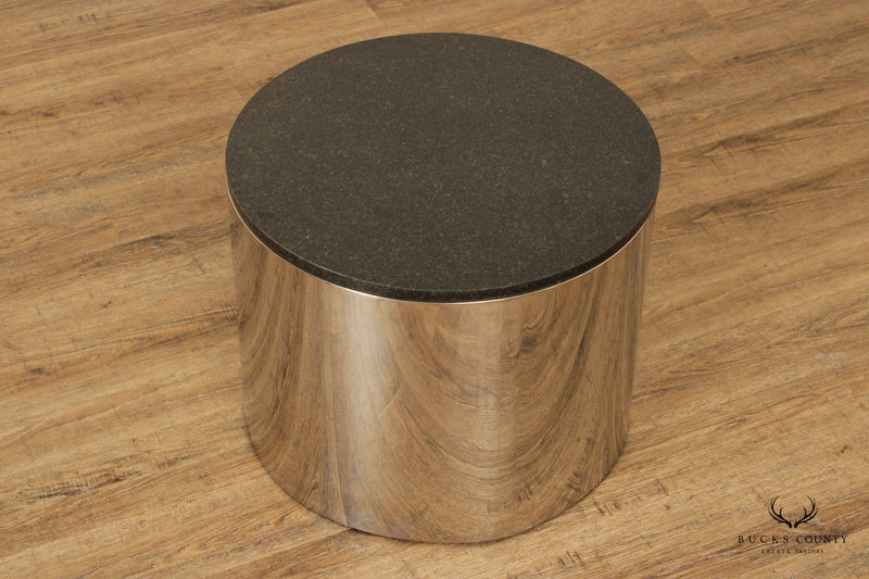 Modern 1970s Granite Top Metal Drum Side Table
