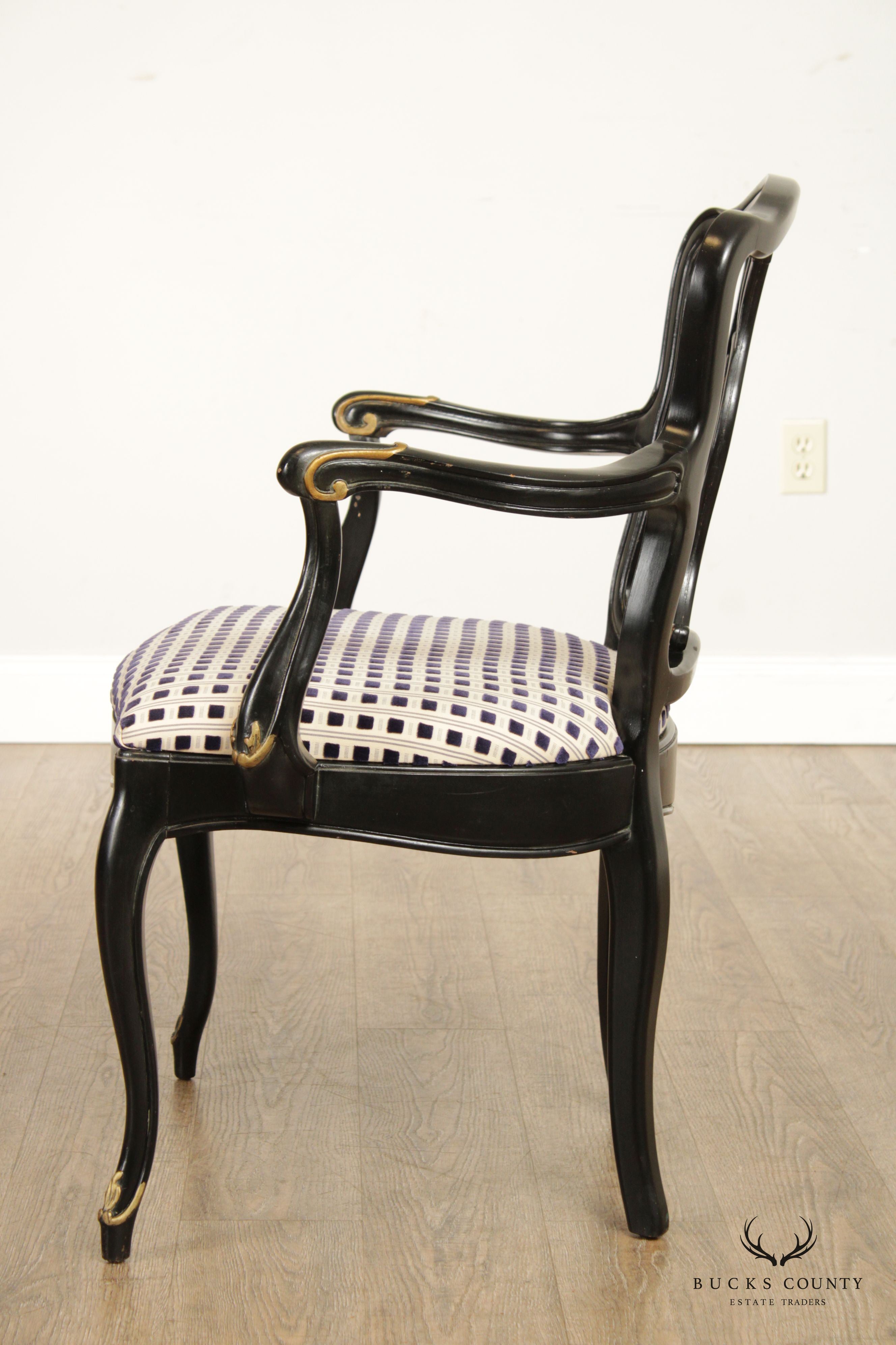 French Louis XV Style Pair of Carved Ebonized Dining Armchairs