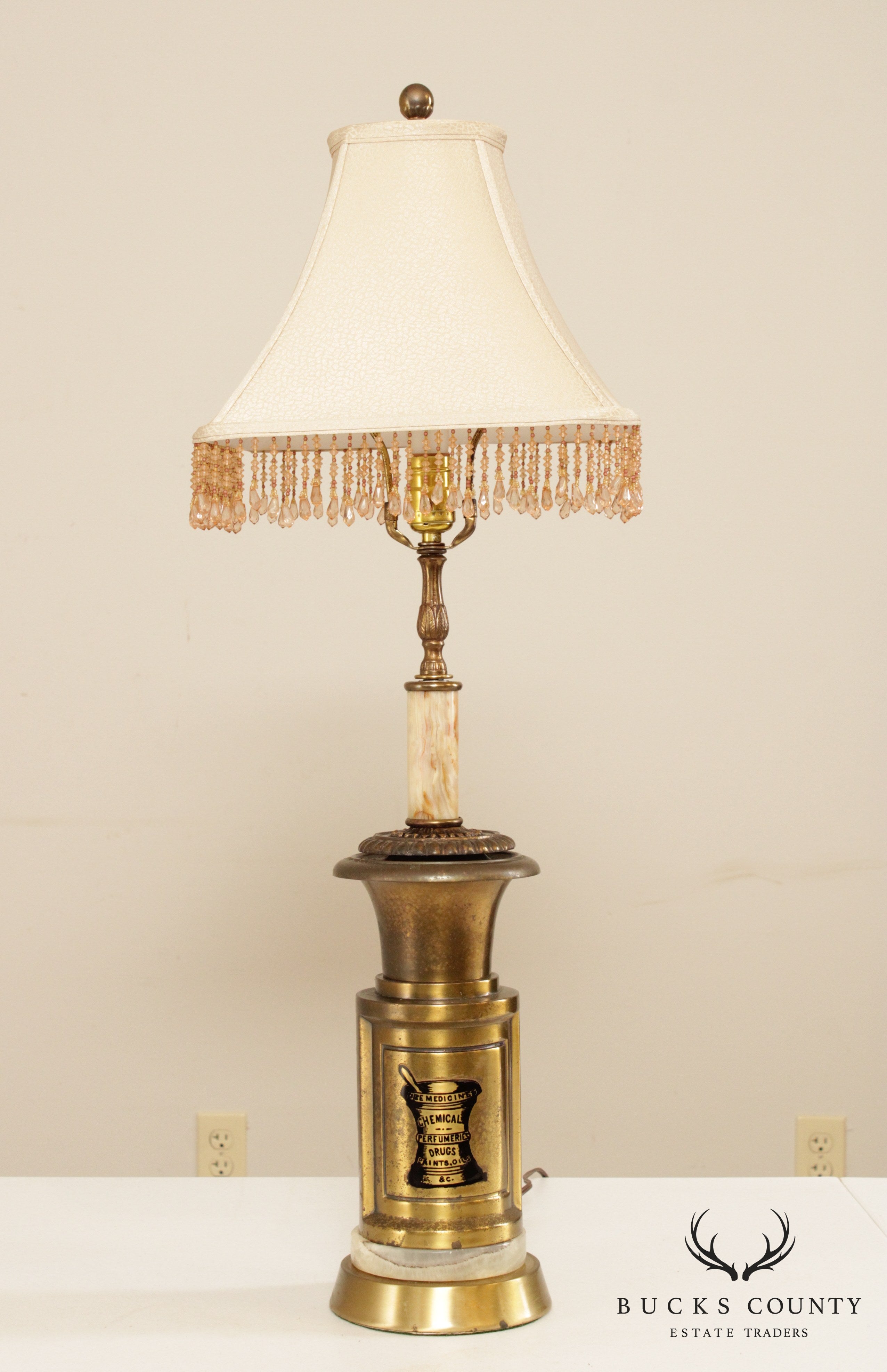 Vintage Unique Lamp with 'Ure Medicines'  Brass Canister Base and Onyx