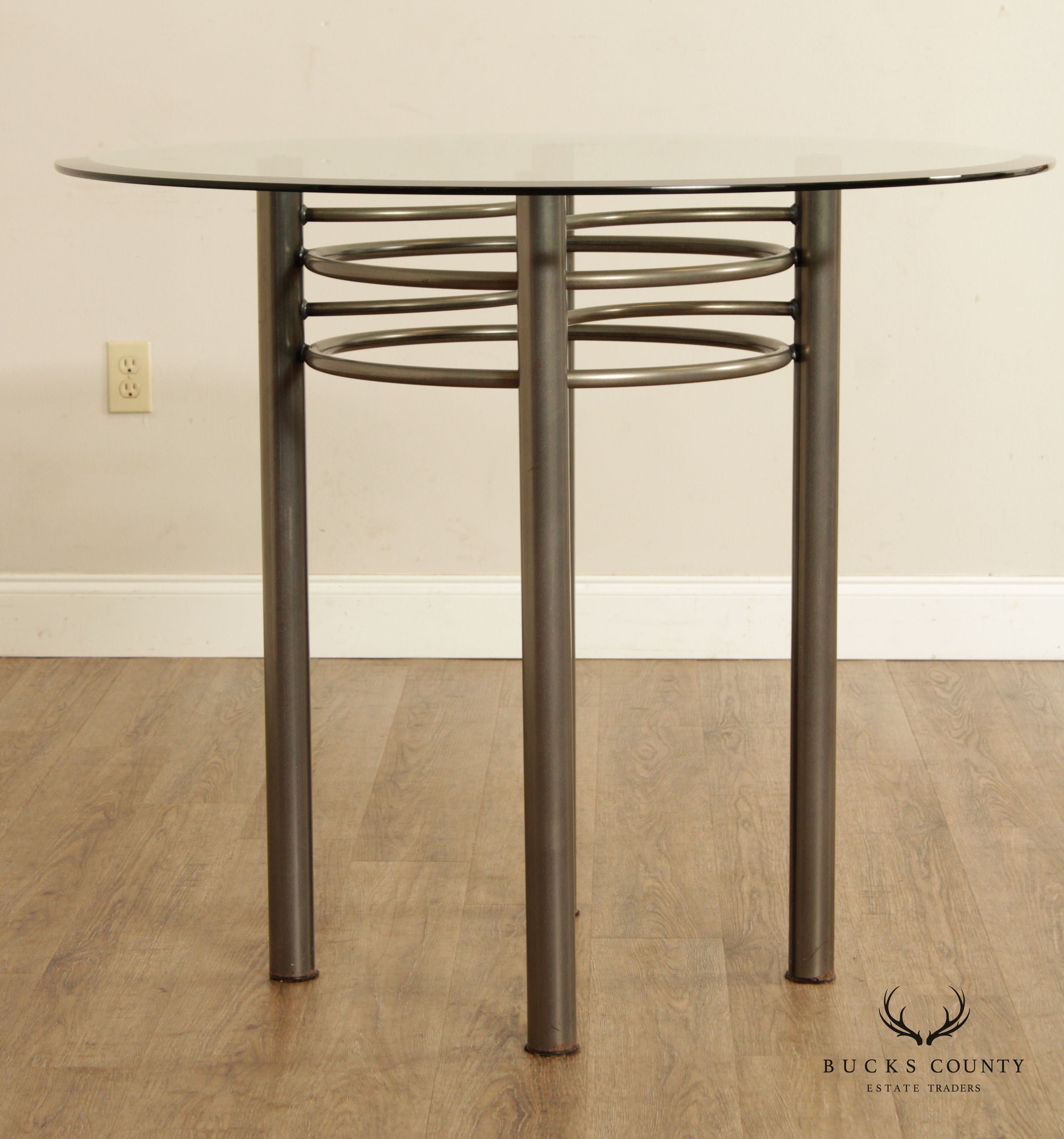 Contemporary Round Glass Top Steel Pub Table