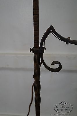 Antique Arts & Crafts Hand Forged Iron Floor Lamp w/Art Glass Shade