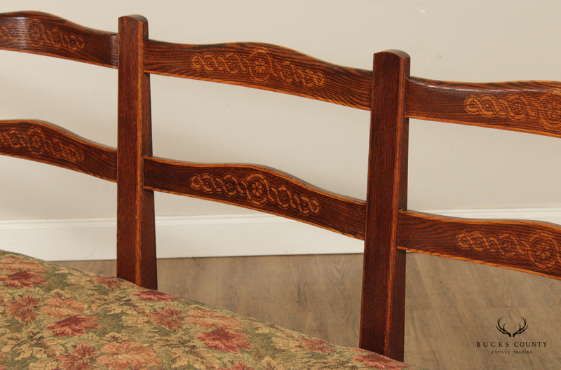Antique Provincial Carved Oak Ladder Back Settee Sofa