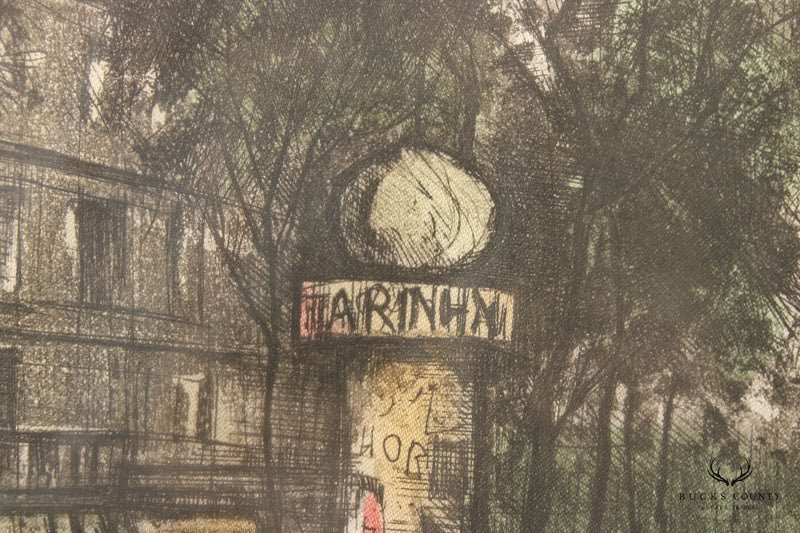 Vintage 20th C. 'Paris' Street Scene Colored Etching, Custom Framed