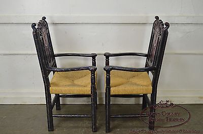 Custom Pair of Hand Painted Mexican Sun Gods Carved Rush Seat Arm Chairs