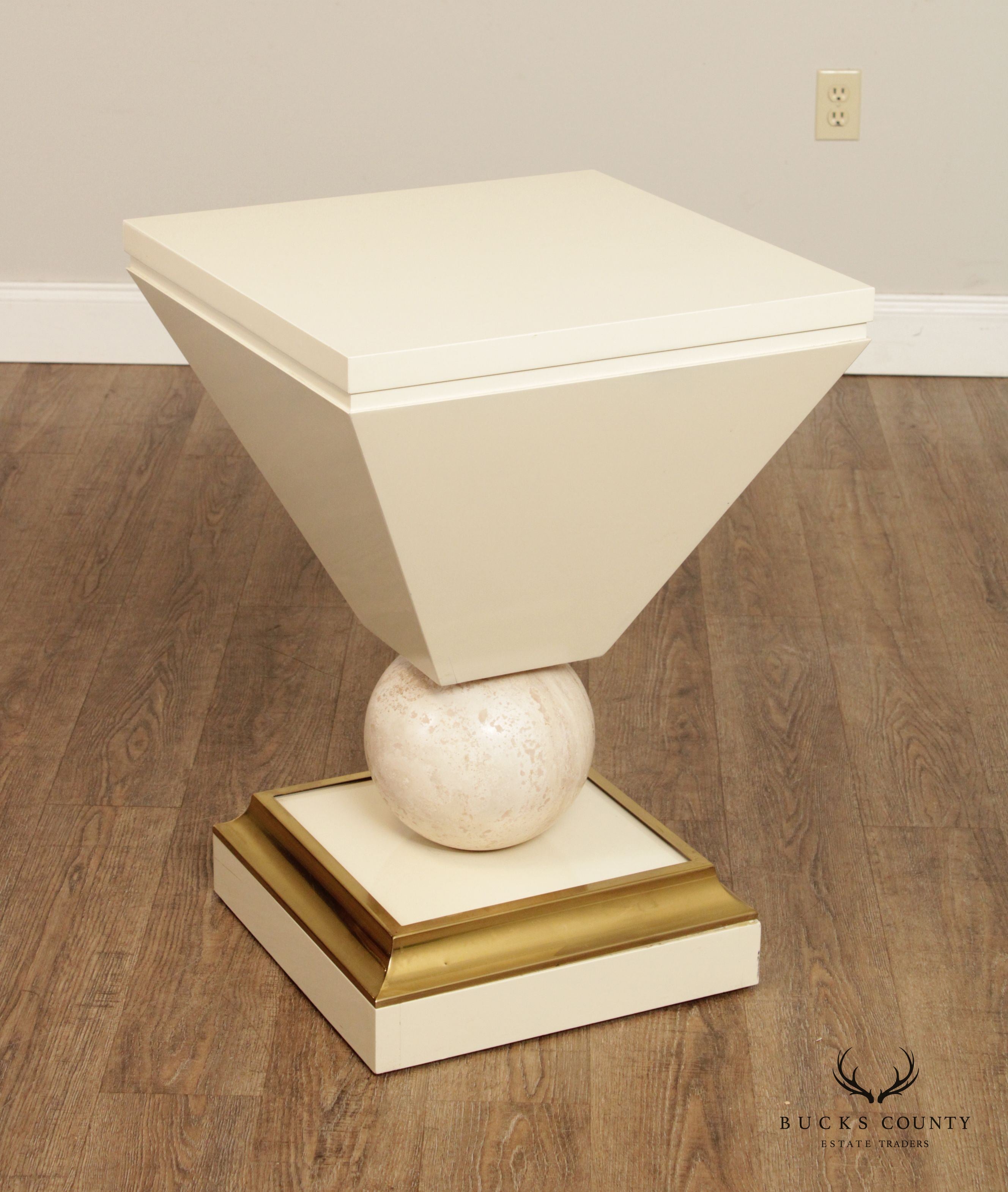 Post Modern Lacquered Pedestal Stand With Travertine Sphere