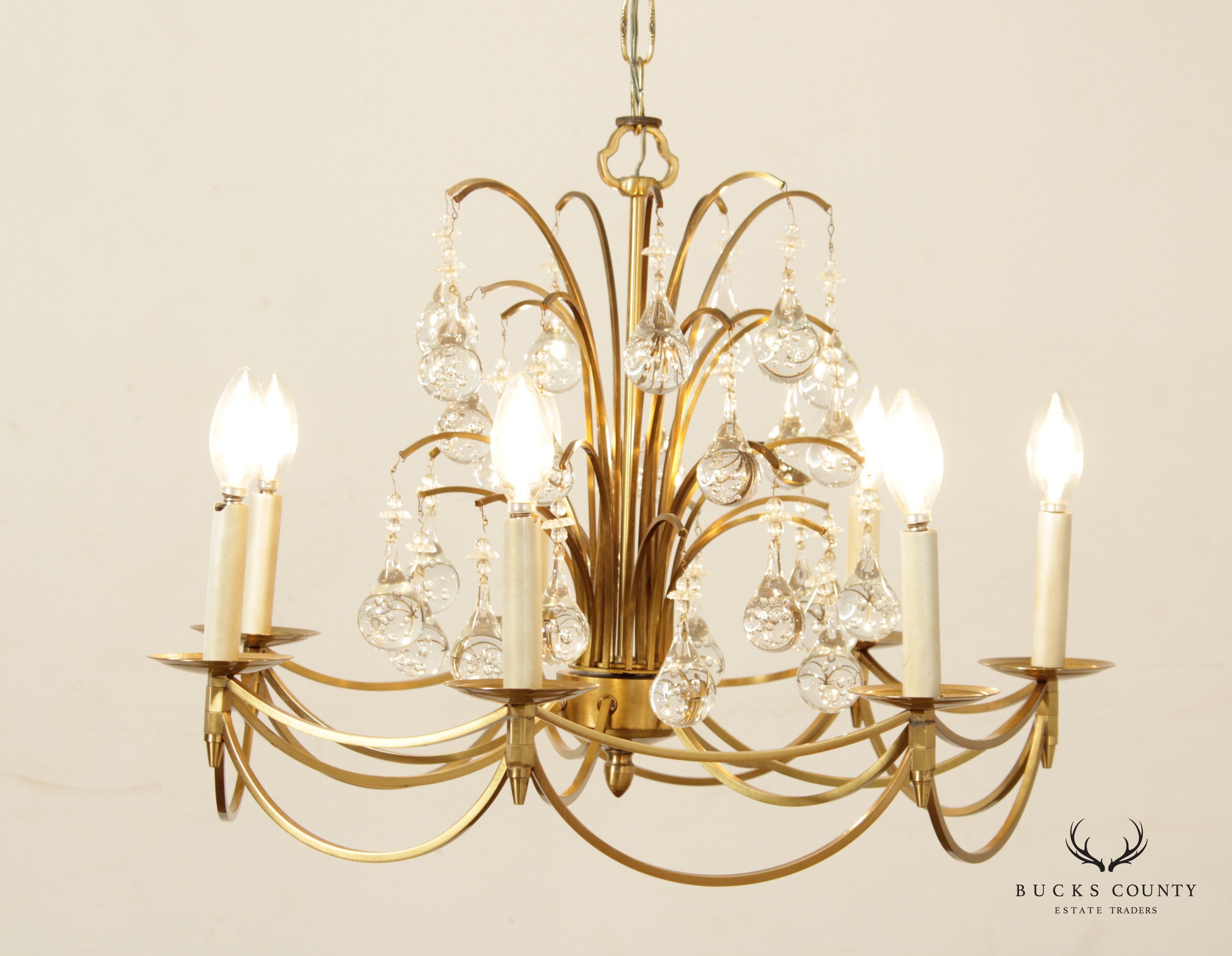 Hollywood Regency Brass and Crystal 7-Light Chandelier