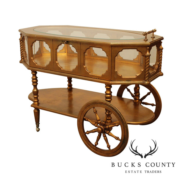 Hollywood Regency Vintage Gold Leaf Display Cabinet Bar Cart