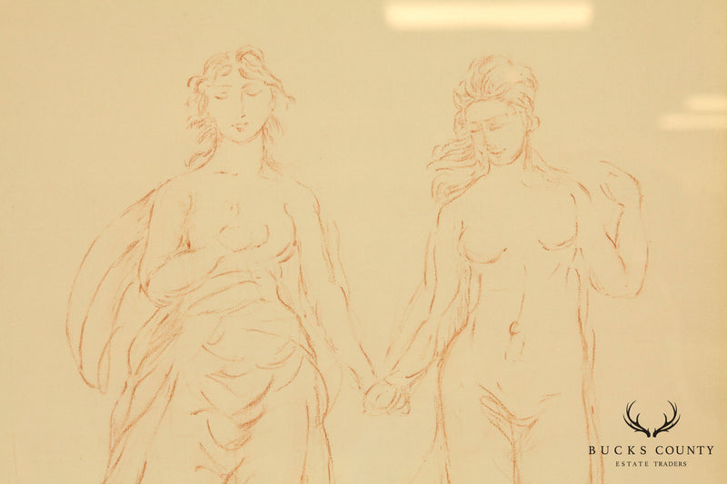 Hans Von Marees, Framed Sanguine Lithograph Artist Drawing of Women (B)
