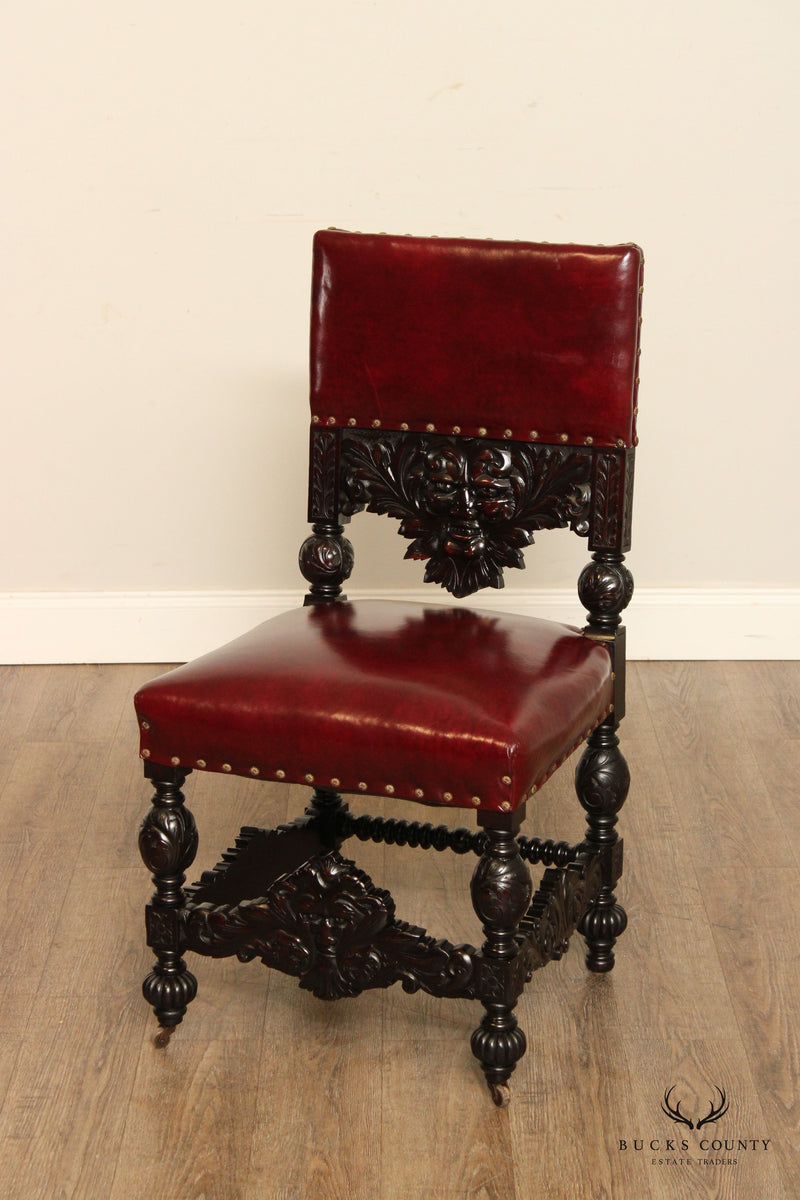 Victorian Gothic Revival Set Six North Wind Carved Mahogany And Leather Dining Chairs