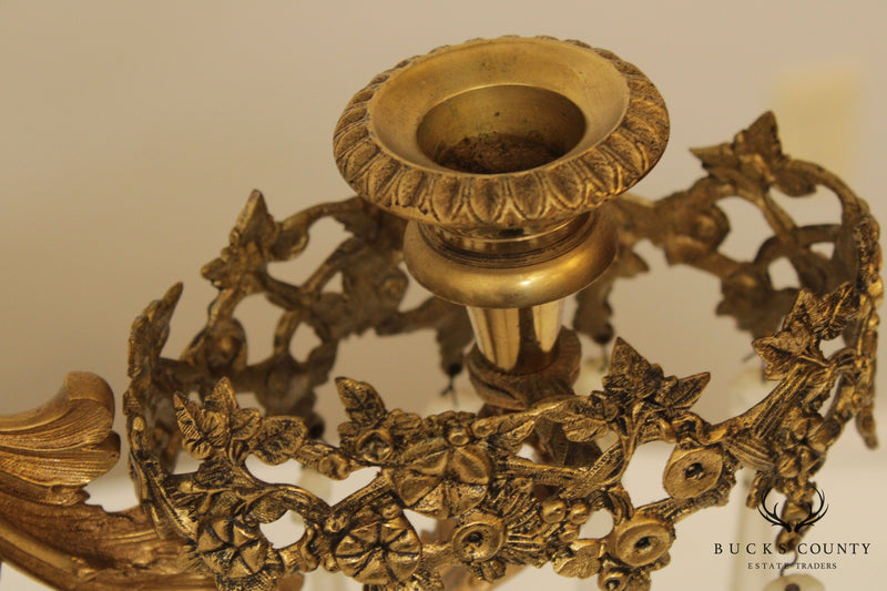 Antique Victorian Brass Marble Base 3 Piece Girandole Candelabra