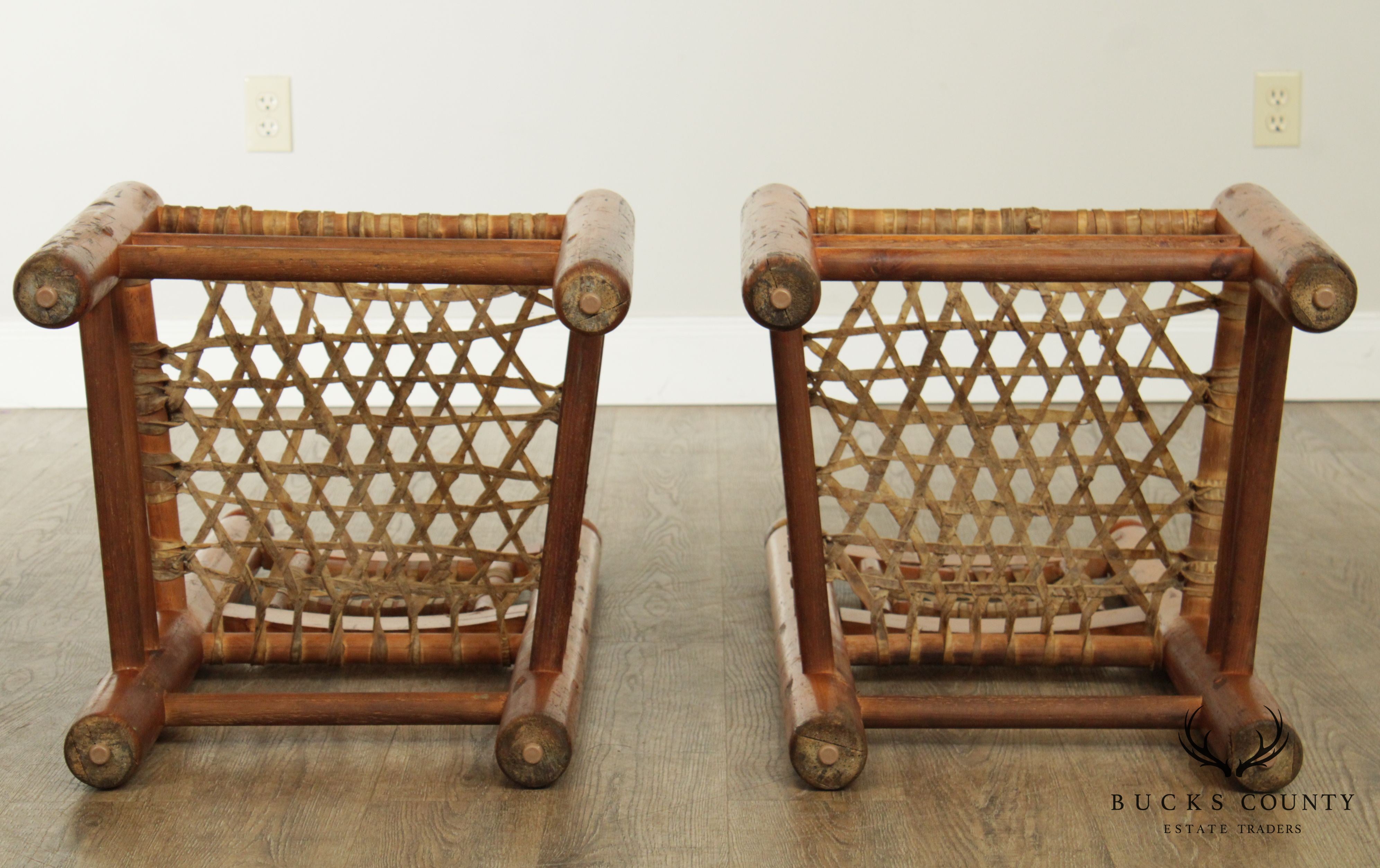 Vintage Pair Pine Rawhide Lace Side Chairs