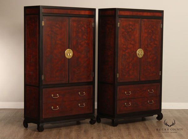 DREXEL HERITAGE CHINOISERIE CARVED 'CONNOISSEUR' COLLECTION PAIR ARMOIRES