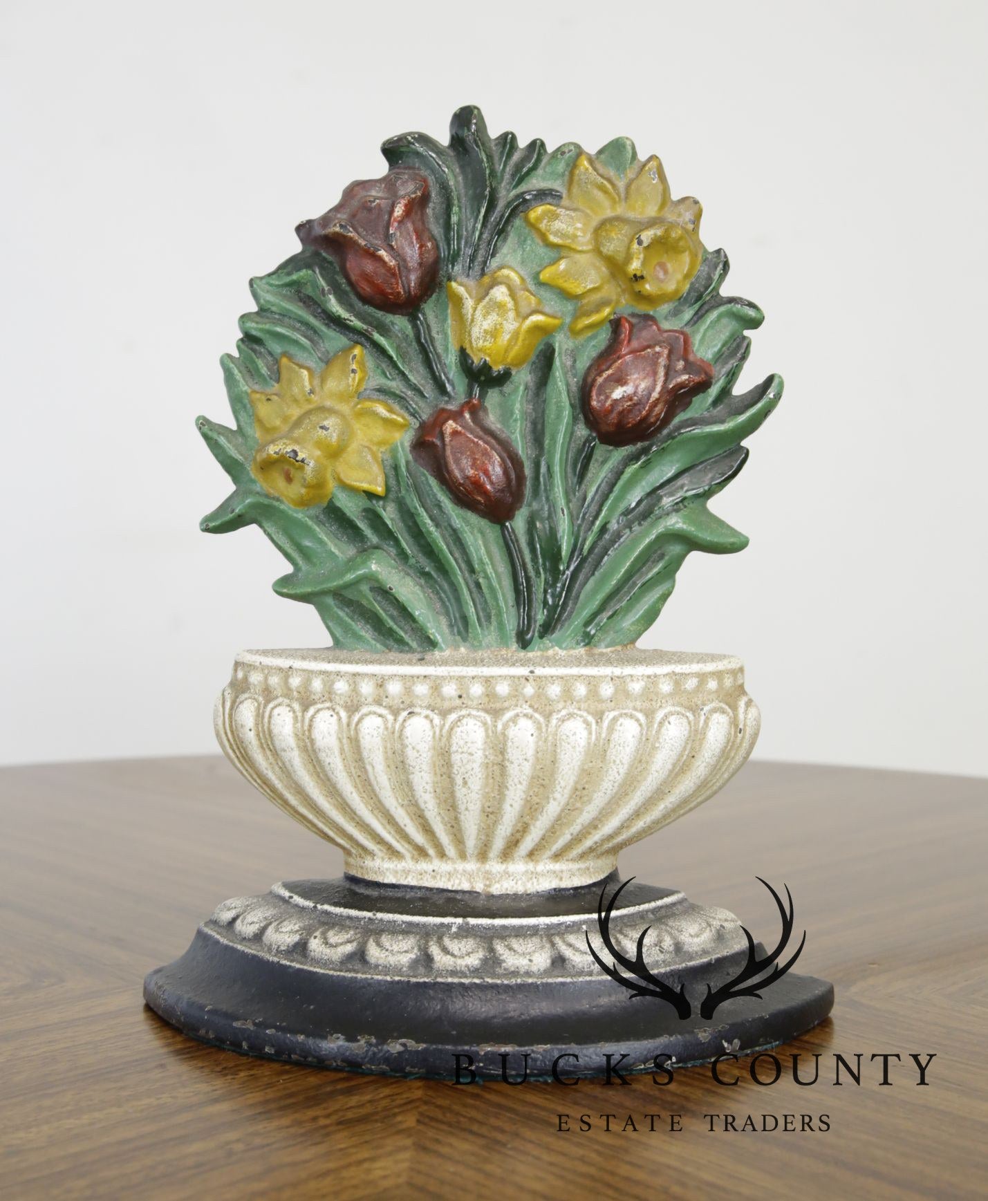 Unusual Flower Basket Cast Iron Door Stop. Tulips & Daffodils