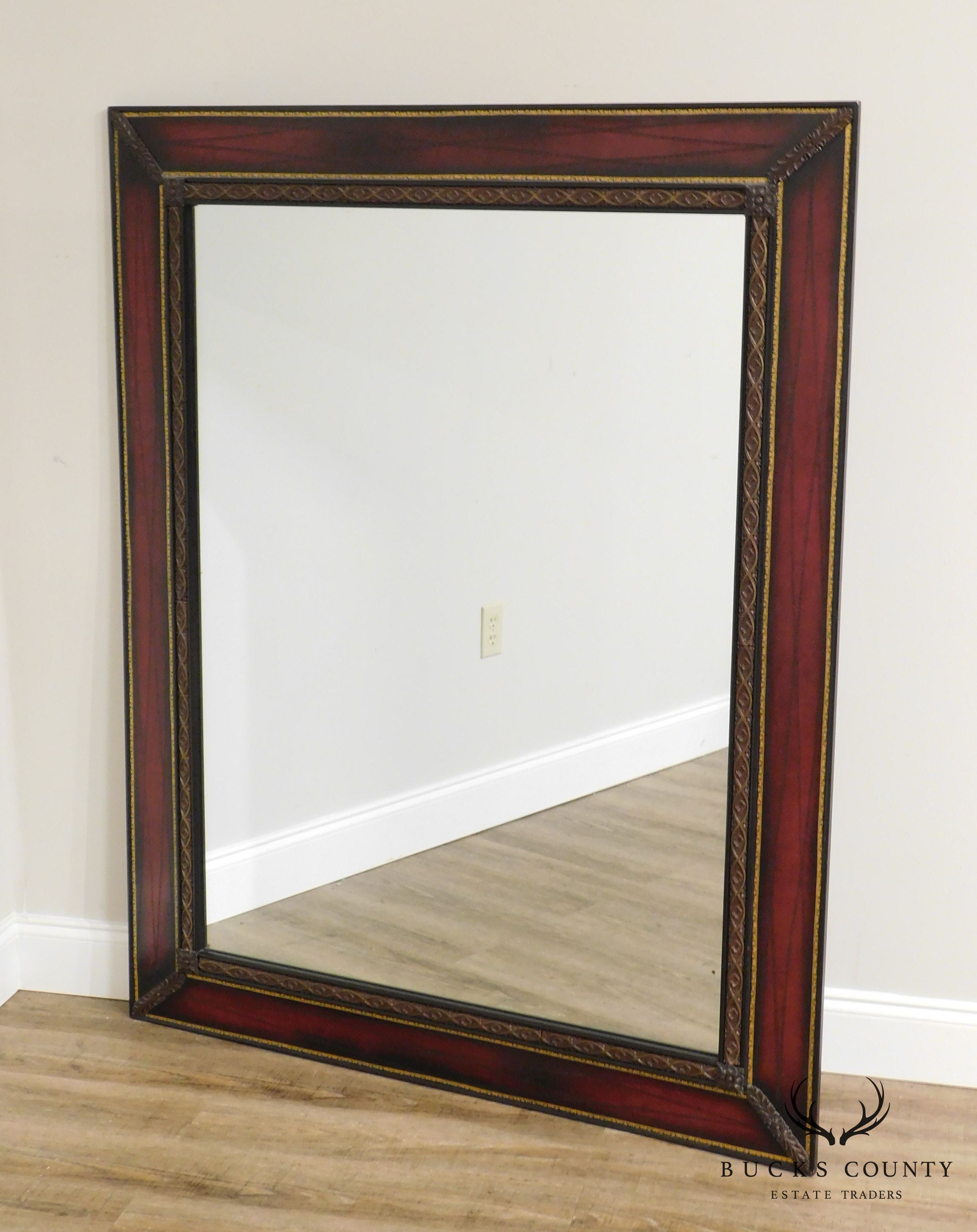 Hollywood Regency Vintage 1950's Red Leather Mahogany Frame Rectangular Wall Mirror