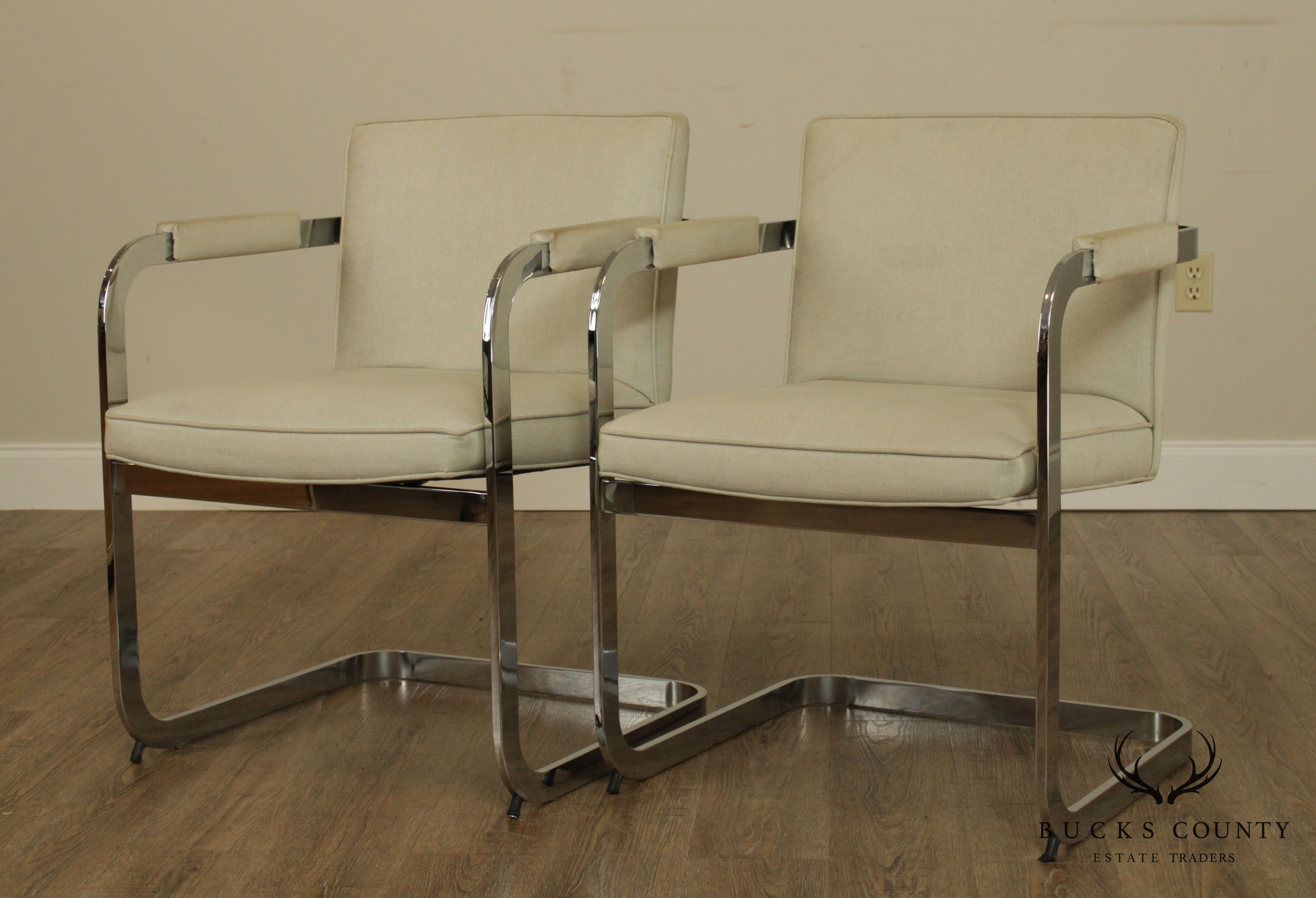 Mid Century Modern Pair Chrome Frame Cantilevered Armchairs