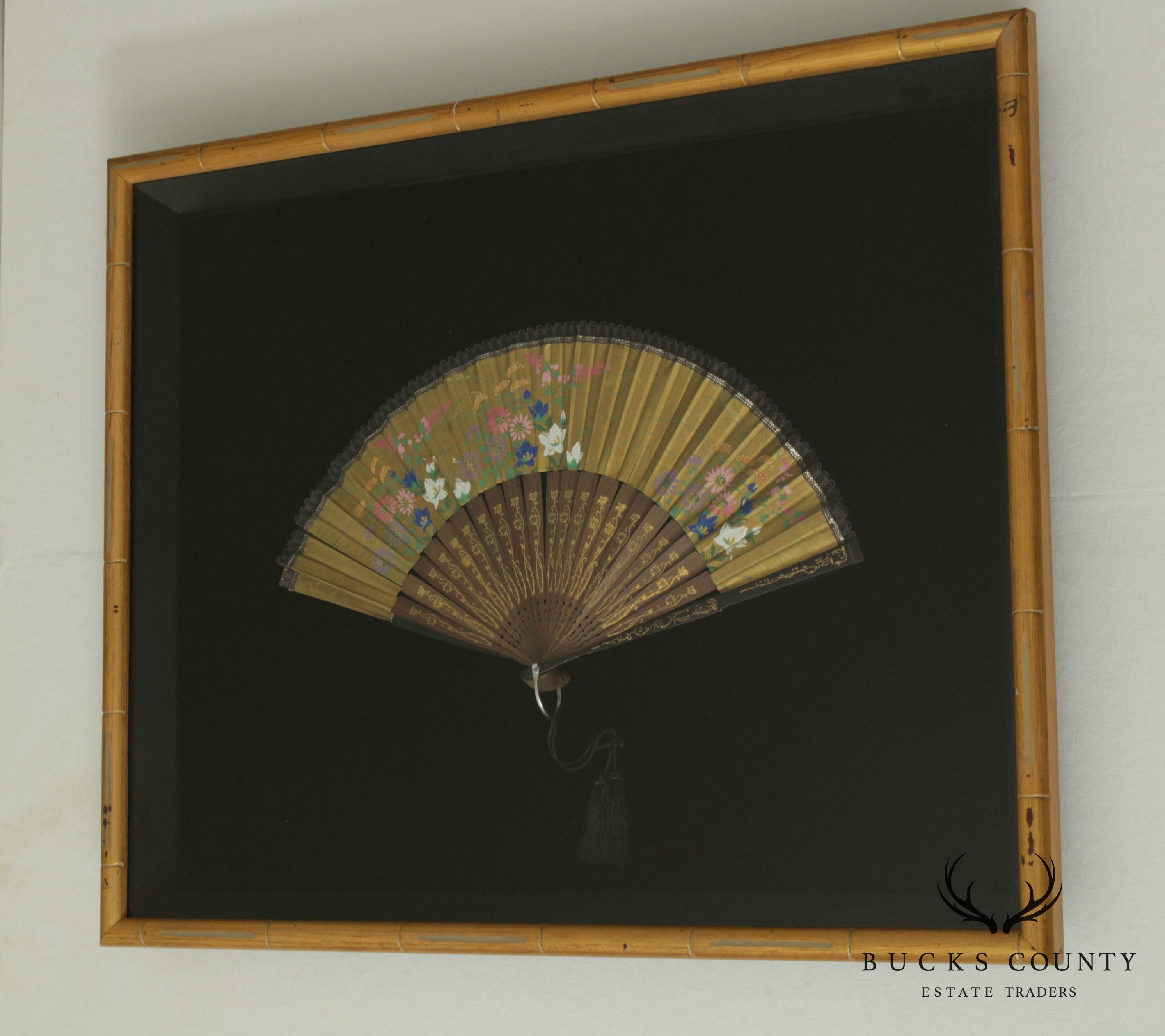 Vintage Gilt Wood Faux Bamboo Framed Japanese Fan (A)