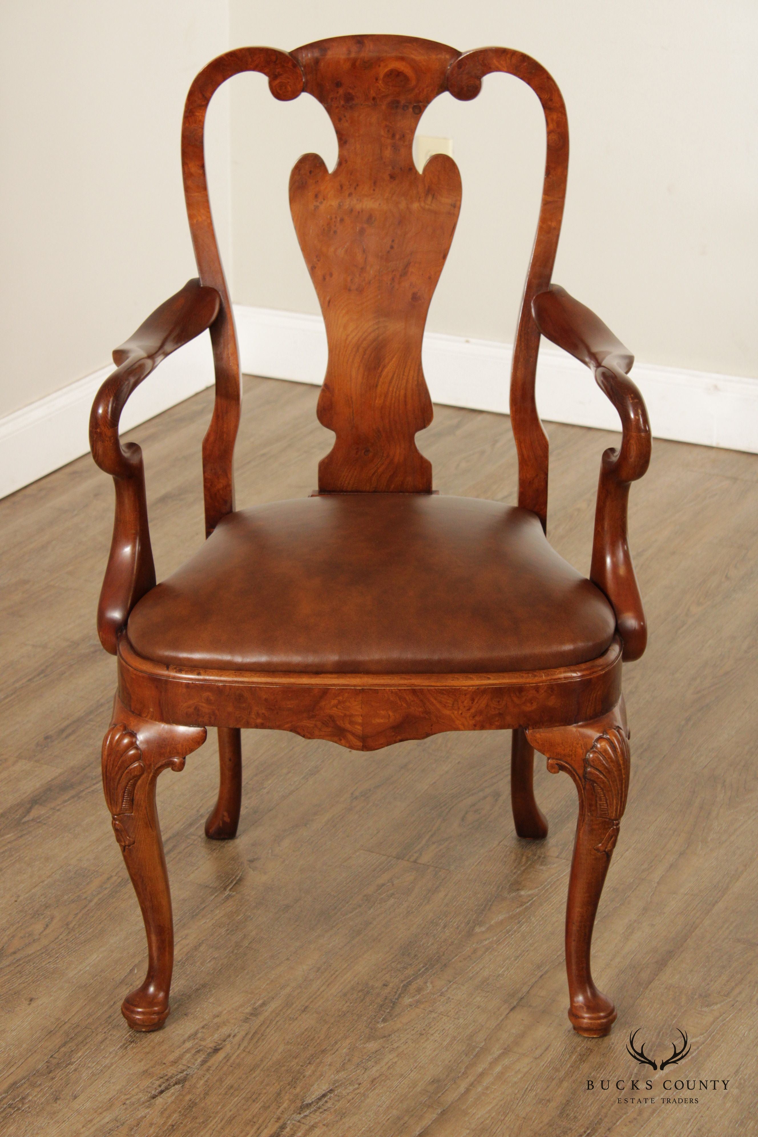 Queen Anne Style Pair Burl Wood and Leather Armchairs