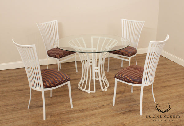 Johnston Casuals Postmodern White Lacquer Wrought Iron Round Glass Top Dining Table + 4 Chairs
