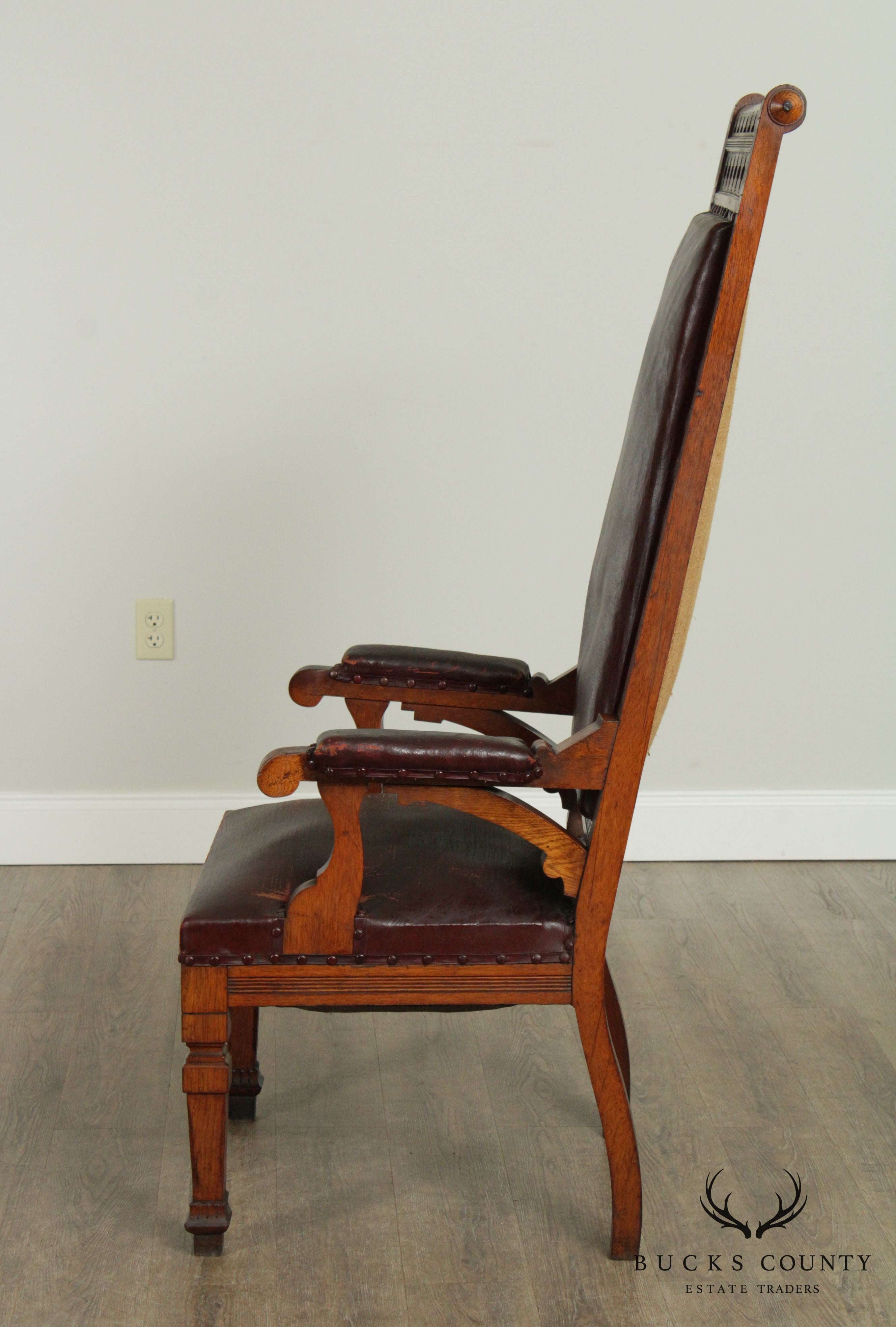 Antique Victorian Oak Pair High Back Masonic Armchairs