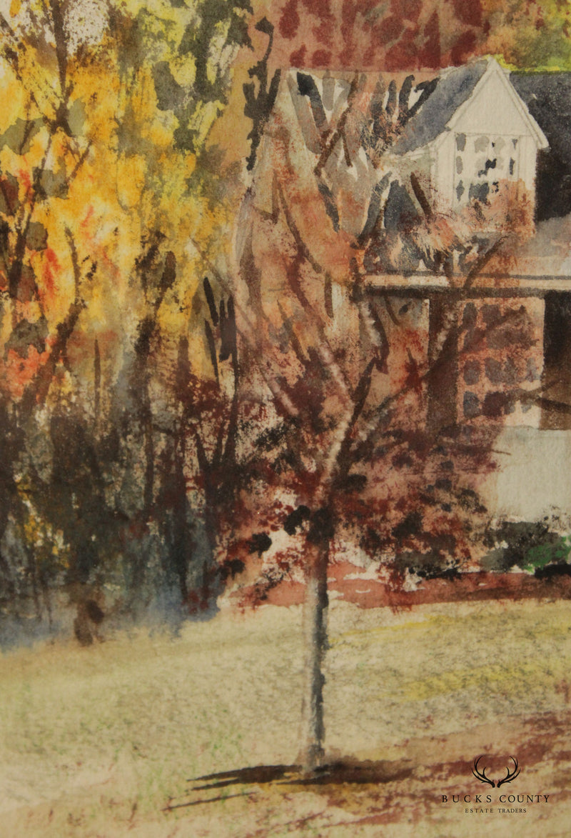 Vintage 20th C. New England House in Autumn Original Watercolor, Signed