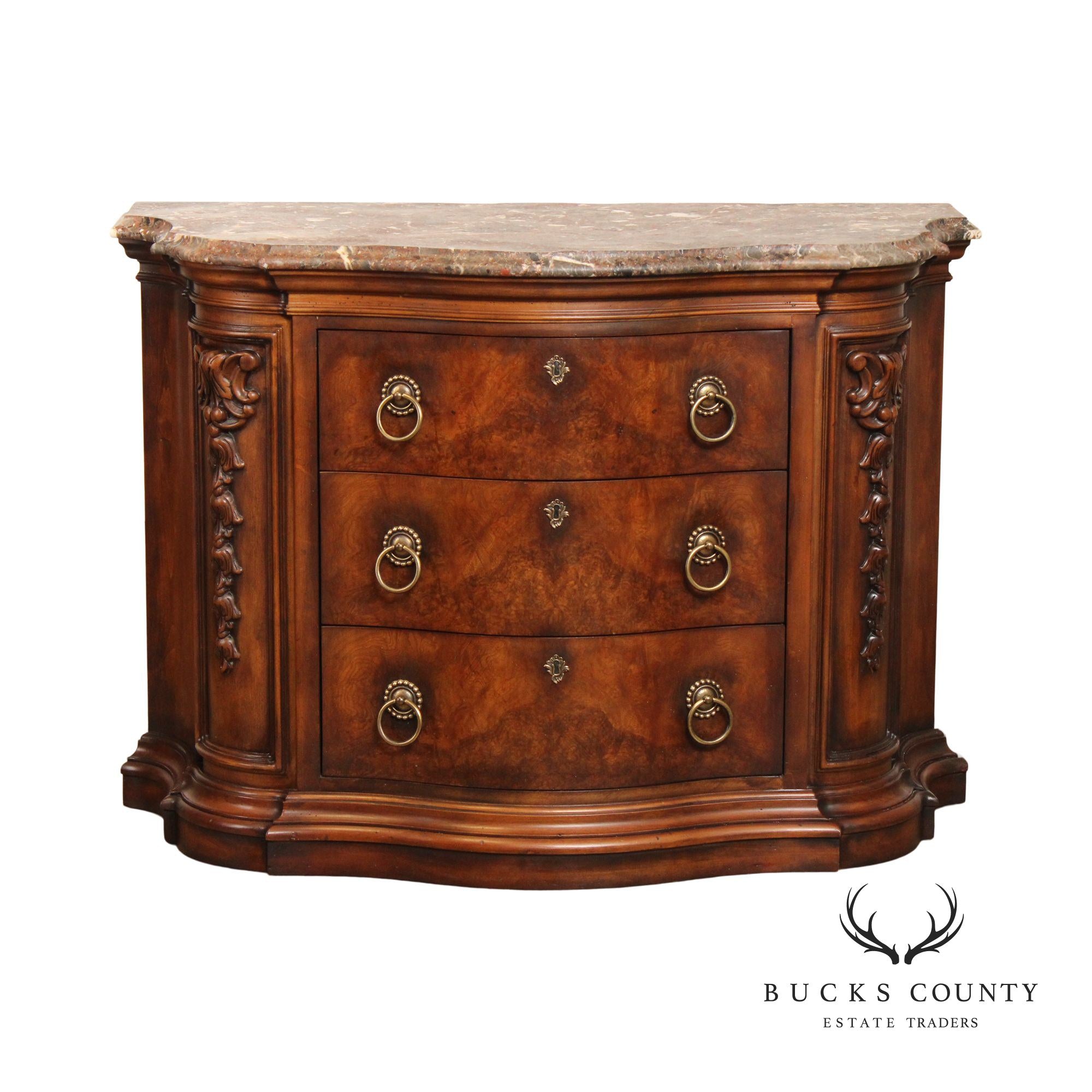 Henredon Tuscan Style Burl Walnut Marble Top Commode