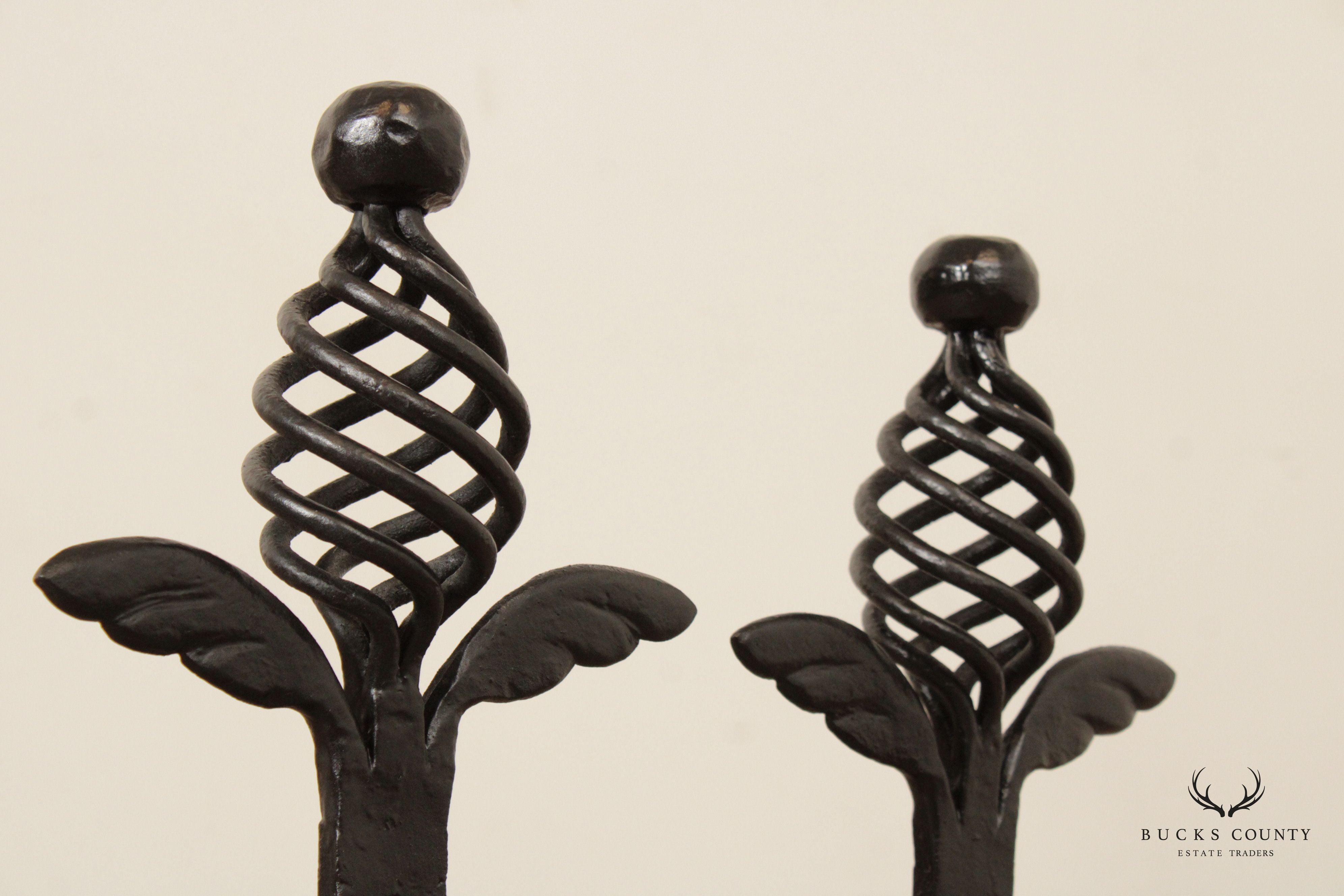 Quality Pair Of Hand Forged Iron Andirons