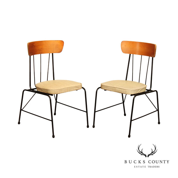 Mid Century Modern Pair Of Wrought Iron And Maple Side Chairs