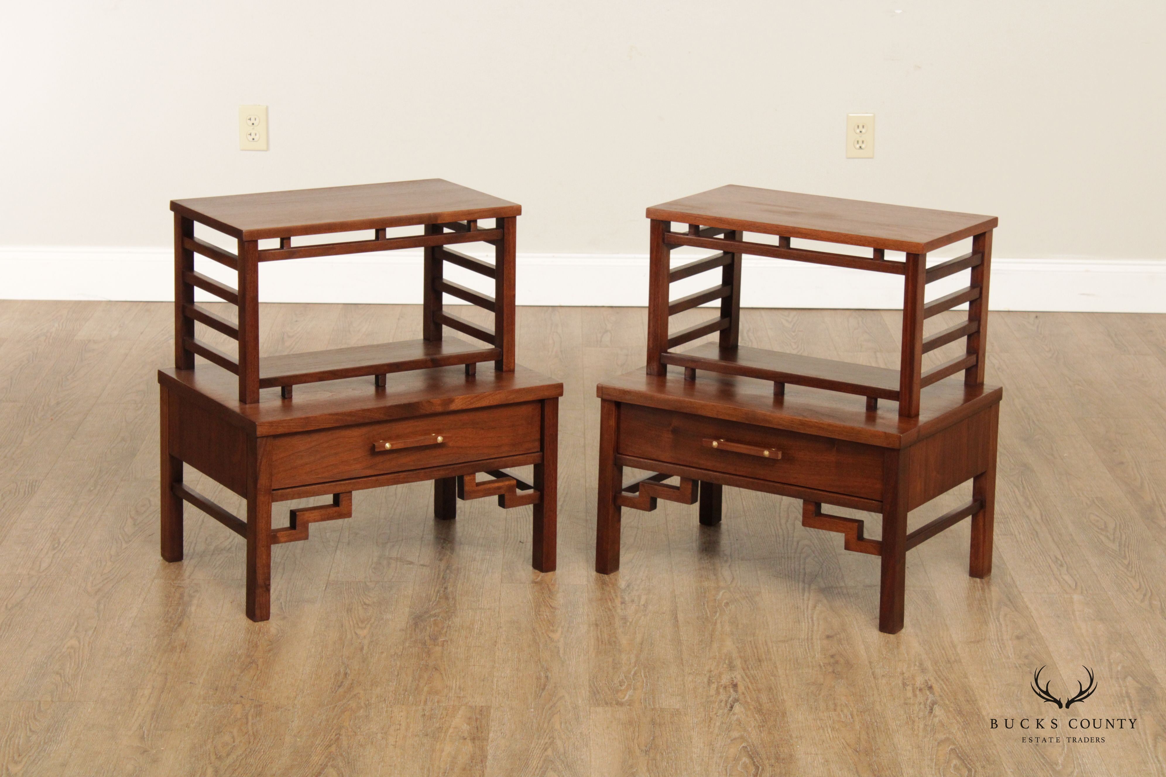 Mid Century Modern Vintage Walnut Asian Inspired Pair of Nightstands