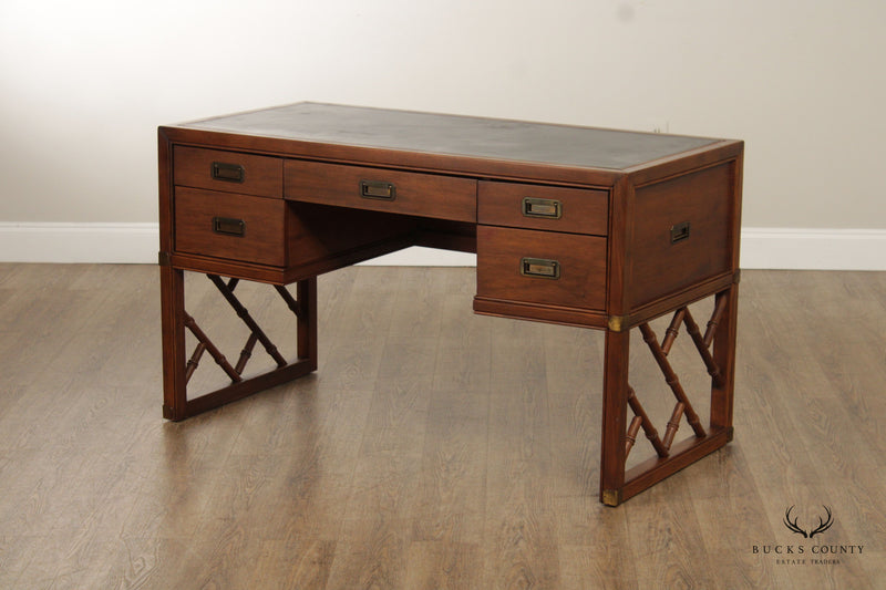 Sligh Campaigh Style Faux Bamboo Walnut Leather Top Writing Desk